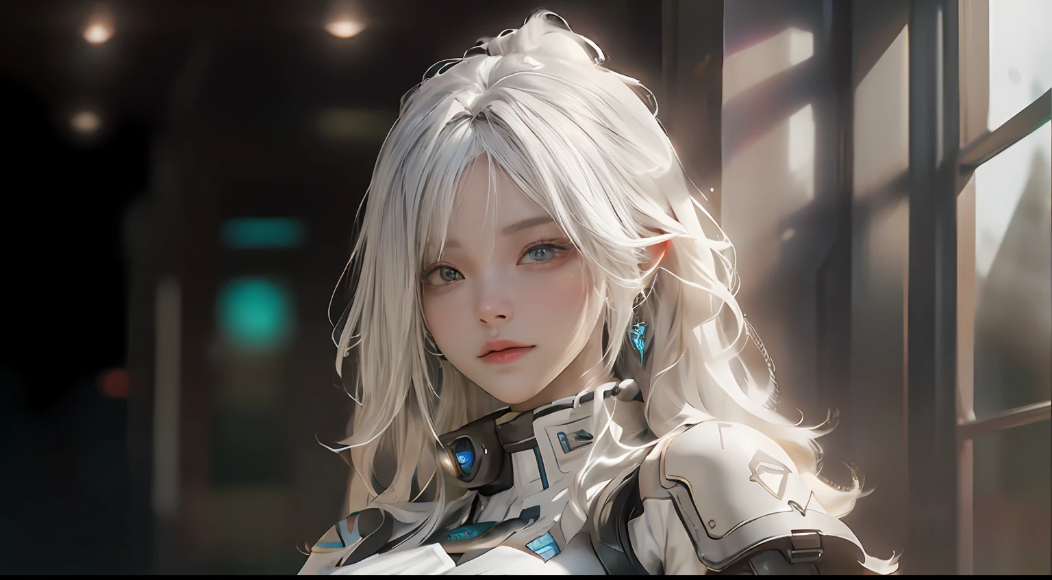 ((best qualtiy)), ((tmasterpiece)), (the detail:1.4), 3D, A beautiful cyberpunk female image,hdr(HighDynamicRange),Ray traching,NVIDIA RTX,Hyper-Resolution,Unreal 5,Subsurface scattering、PBR Texture、post-proces、Anisotropy Filtering、depth of fields、maximum definition and sharpness、Many-Layer Textures、Albedo e mapas Speculares、Surface coloring、Accurate simulation of light-material interactions、perfectly proportions、rendering by octane、Two-colored light、largeaperture、Low ISO、White balance、the rule of thirds、8K raw data,Full body photo,cropped shoulders,Silvery-white hair,long whitr hair