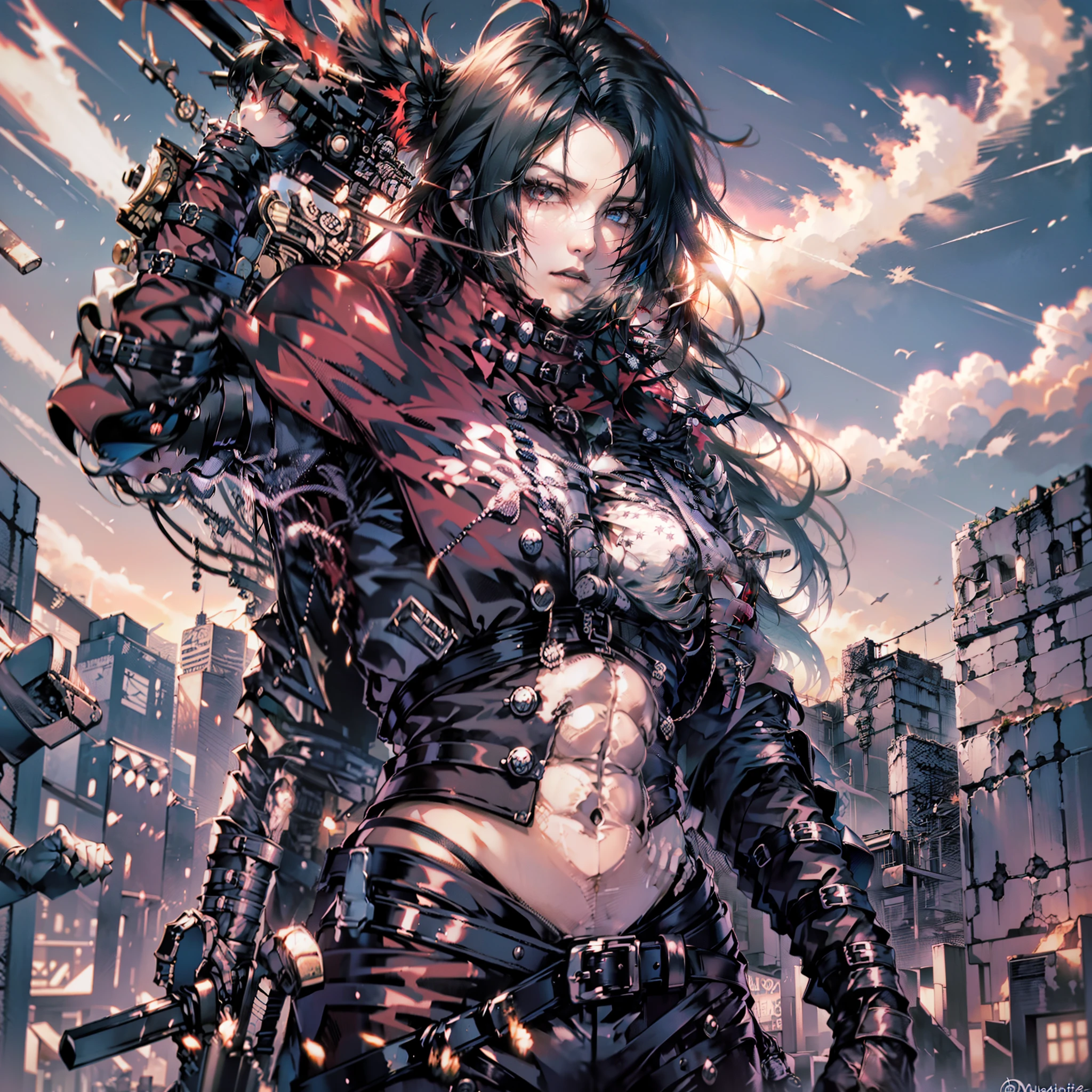 Final fantasy ((vincent valentine)), hombre, pose badass, ((combat pose)) revolver, ((abs)), atractivo, chico joven, hermoso, mirada penetrante, ojos rojos, en ciudad, tejados oscuros nocturnos, noche con luna, detalles absurdos,