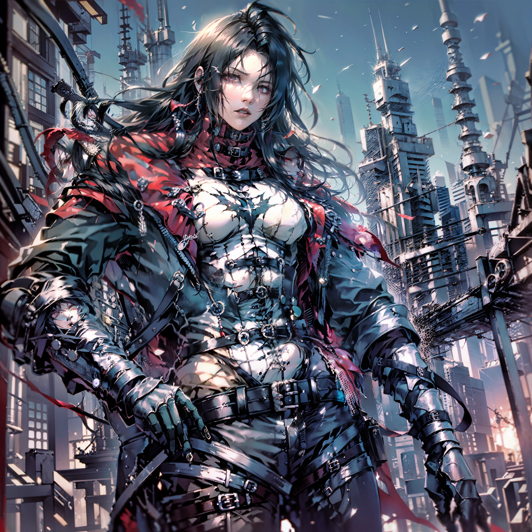 Final fantasy ((vincent valentine)), hombre, pose badass, ((combat pose)) revolver, ((abs)), atractivo, chico joven, hermoso, mirada penetrante, ojos rojos, en ciudad, tejados oscuros nocturnos, noche con luna, detalles absurdos,