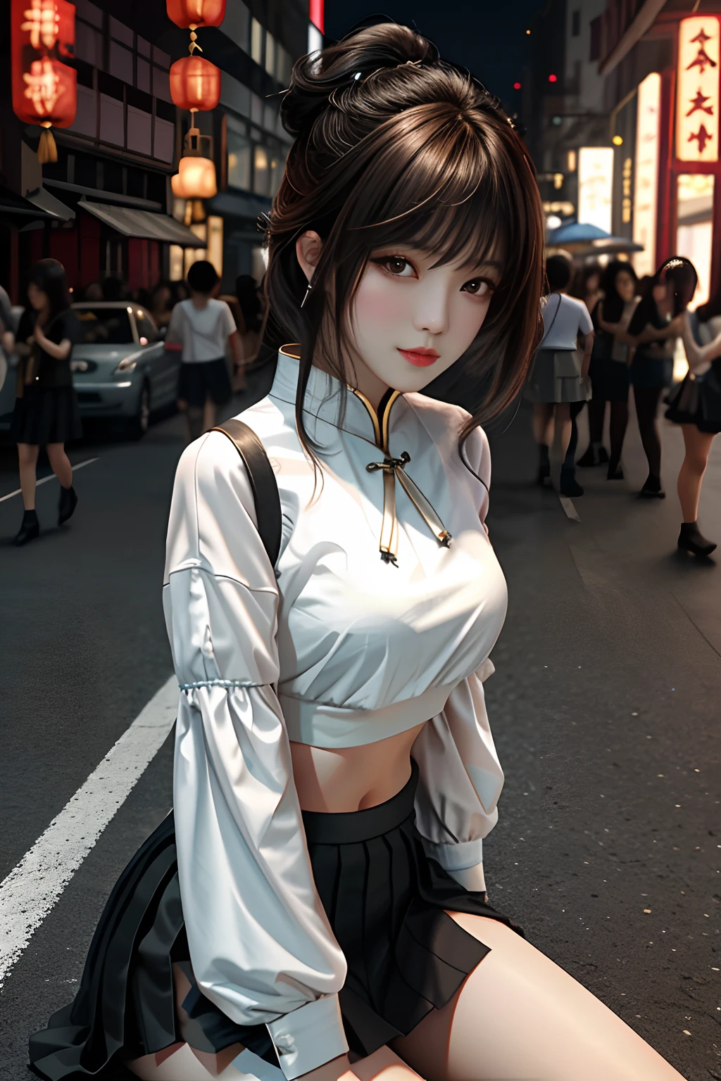 tmasterpiece， Best quality at best， lora， from below， underboobs， mediuml breasts， short  skirt， Crop tops， brunette color hair， 黑The eye，Chinese woman，Bottom-up perspective，Evening in the city，dual horsetail