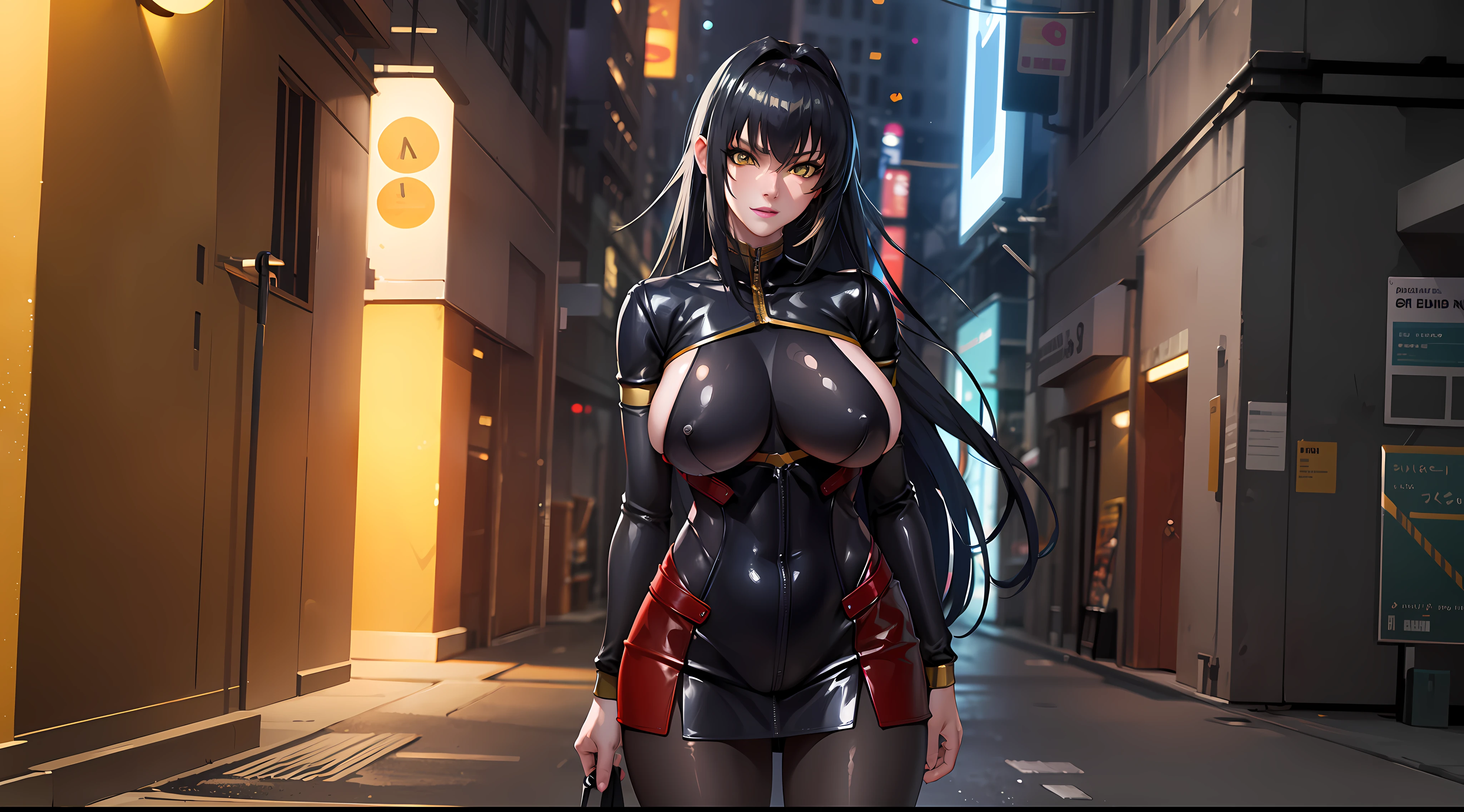 professional artwork, Intricate Details, field of view, sharp focus, detailed painting, photorealistic lighting, trending on pixiv, Standing at attention, black outfit ,yellow collared shirt,black and red bodysuit,skin_tight,black legwear, black pantyhose, Side_boob, black hair,very long hair, Bangs,yellow eyes,makeup, lipstick, 35yo,mature female,Beautiful Finger,Beautiful long legs,Beautiful body,Beautiful Nose,Beautiful character design, perfect eyes, perfect face, looking at viewer,official art,extremely detailed CG unreal engine 8k wallpaper, perfect lighting,Colorful, Bright_Front_face_Lighting, (masterpiece:1.0),(best_quality:1.0), ultra high res,4K,ultra-detailed, photography, 8K, HDR, highres, absurdres:1.2, Kodak portra 400, film grain, blurry background, (Beautiful,large_Breasts:1.4), (beautiful_face:1.5),(narrow_waist), (solo:1.4), ((landscape dimension)), rich detailed makeup, rich detailed eyeshadow, rich detailed lips, rich detailed lipstick, beautiful detail eyes