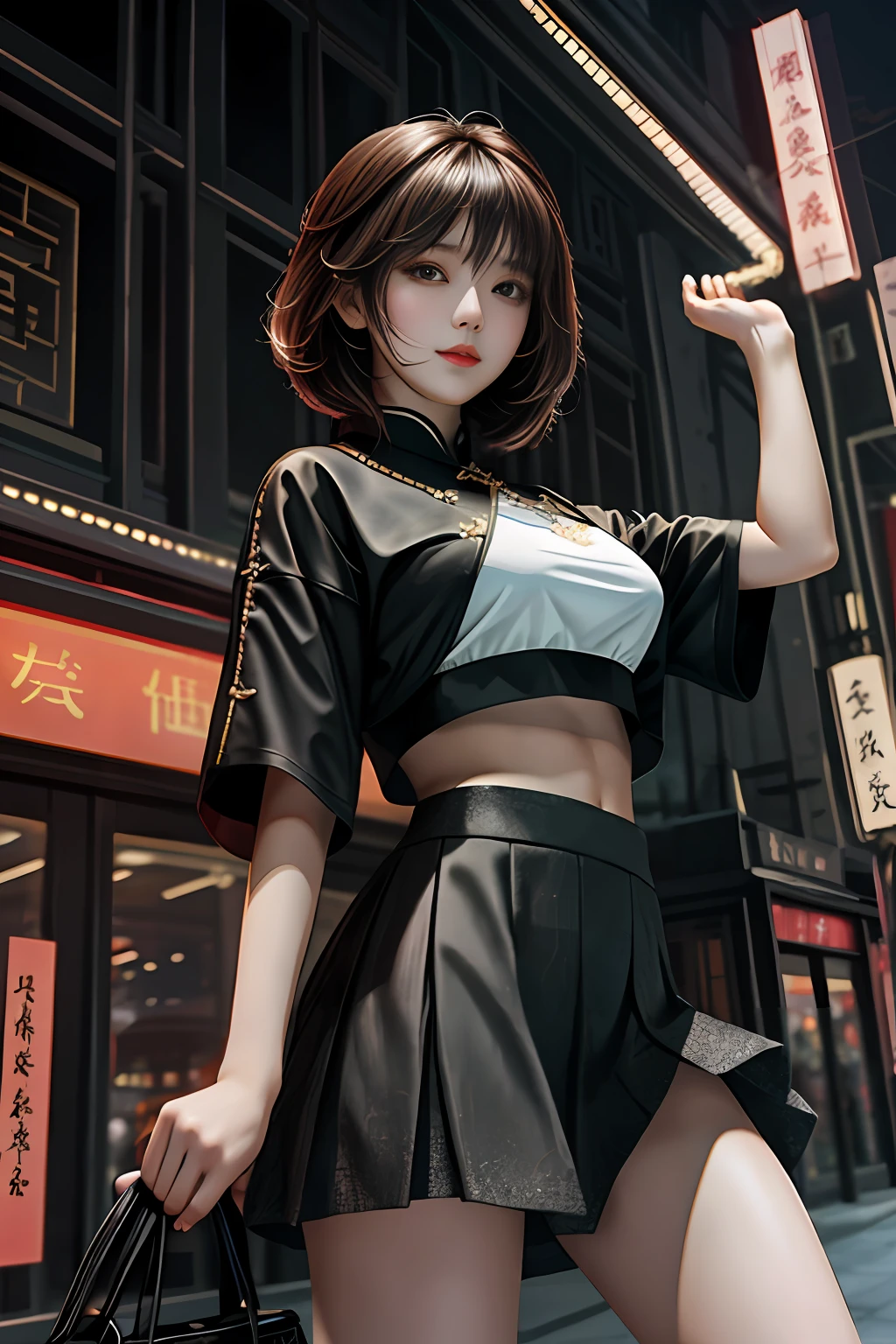tmasterpiece, Best quality at best, lora, from below, underboobs, mediuml breasts, short skirt, Crop tops, brunette color hair, 黑The eye,Chinese woman,Bottom-up perspective,Evening in the city,dual horsetail