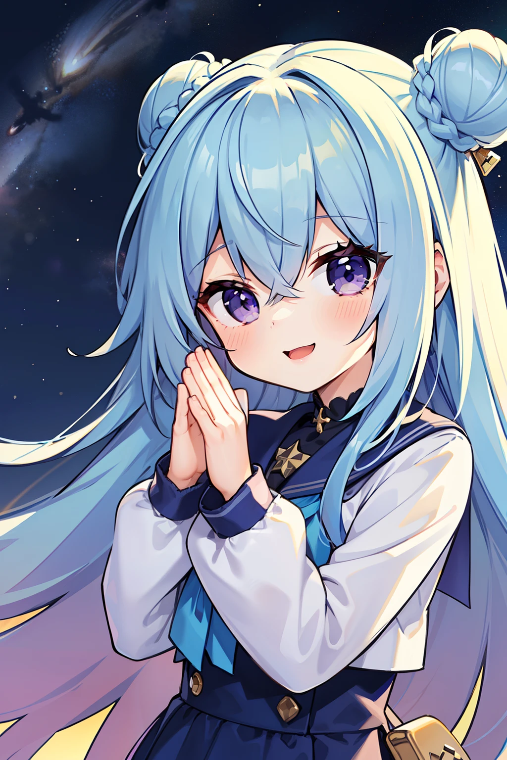 masterpiece, best quality, 1girl, solo, long hair, looking at viewer, (sky blue hair), ((curly hair)), double bun hair, bun on both sides, ((purple eyes)), smile, laughing, blue Magic girl dress, long sleeves, in the universe, with many stars, with a shooting star, milky way background, a yellow cross bag, elementary school student, 8k, super detail, masterpiece, high quality, high resolution, high detail, high face detail, HD quality, (((detail face))), ((upper body)), (((cute))), happiness