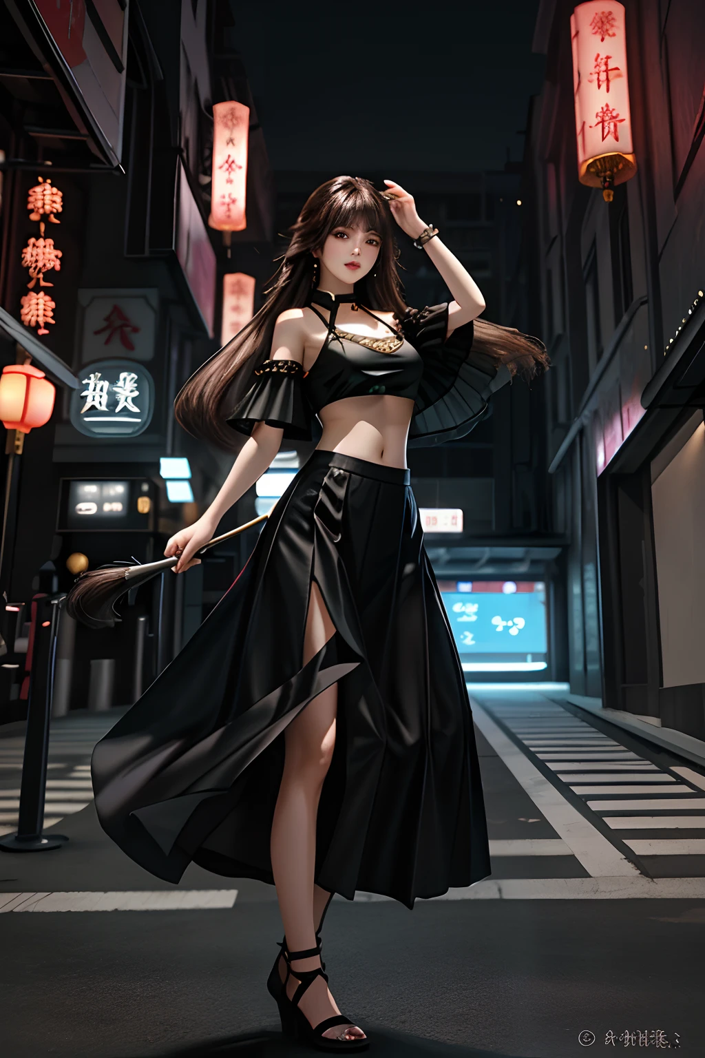 tmasterpiece, Best quality at best, the lora, from below, underboobs, mediuml breasts, long skirt, Crop tops, brunette color hair, 黑The eye,Chinese woman,Bottom-up perspective,city night,dual horsetail