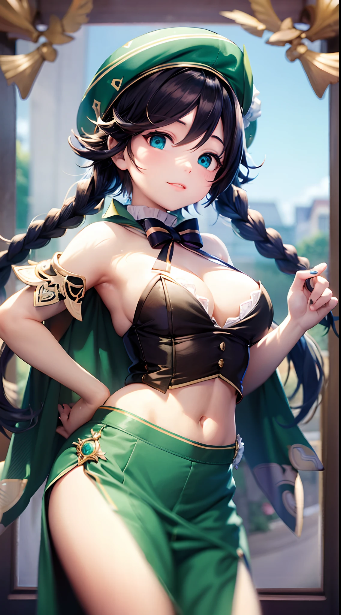 tmasterpiece，best qualtiy，1girll，（cleavage:1.5），navel，（Slim belly），（swim wears:1.5），（both hands on hip:1.5），malefocus，Venti（Genshin Impact），lyre，brunette color hair，ssmile，pigtails，（Superskirt:1.5）Double up braid，Gradient hair，O cabelo multicolorido，visions（Genshin Impact），green headwear，beret，By bangs，looking at viewert，hermaphroditism，frilled sleeves，frilld，Big breasts corset，Short and long hair，（greybackground：1.4），（kbxll：0.6）