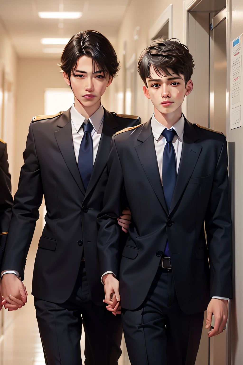 Boys in school uniforms holding hands in a secret place