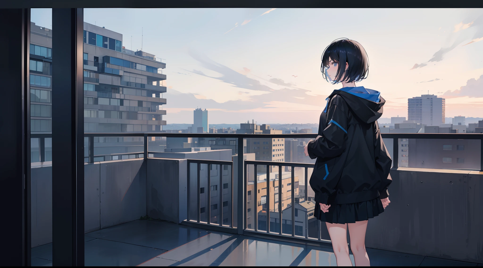 a 16yo girl，with short black hair，Good facial features，Blue hood，black short skirt，Pockets of both hands，Located on the 8th floor balcony，Looking at the view downstairs，Turn your back to the wall，sunraise，The wind blows，An 8K picture