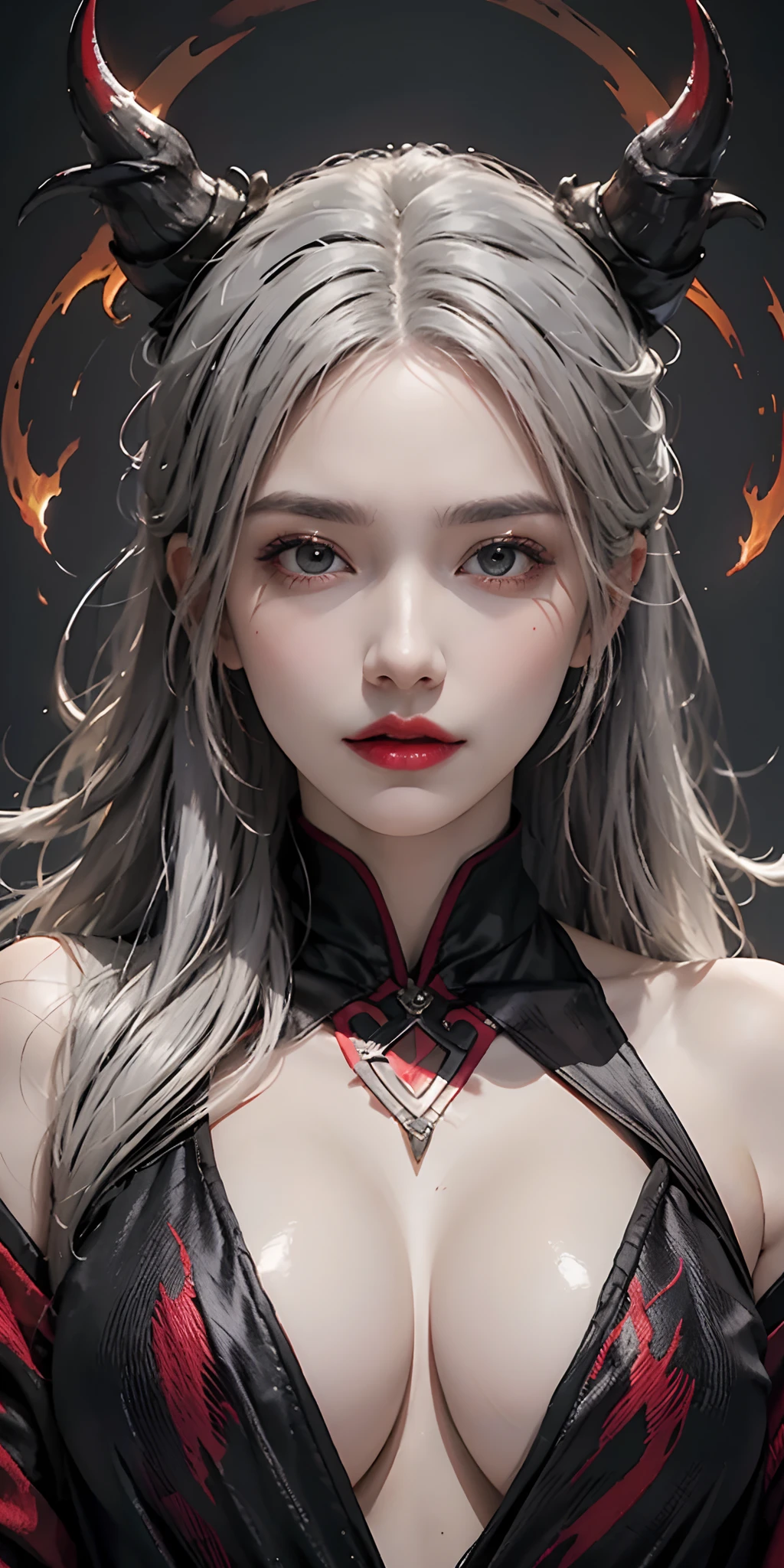 (1 beautiful devil woman from hell, In the Dark: 1.6), hips up, surreal female portrait by David Hockney and Alphonse Mucha, fantasy art, korea doll, photorealism, dynamic lighting, artstation, poster, volumetric lighting, very detailed faces, 8k ultra, Awarded, in the dark, deep shadow, low key, cowboy lens, (Red phoenix dress: 1.4), long hair, white hair, bust, luxurious palace, Royal style, devil crown, red eyes make up very sharp and detailed, The most beautiful face, The breasts are very big and round and round, Super realistic, chinese women's clothing, polo neck sweater, Charming smile, The eyes are very well made up, guweiz, devil style, wearing black mesh socks, Ponytail with a bow tied at the back of the hair, Red black lips, Devil tattoo on shoulder, wearing a thin red and black robe, the landscape is overcast and thunderous, (Portrait), Close-up of the main character, (Background details 1.8),