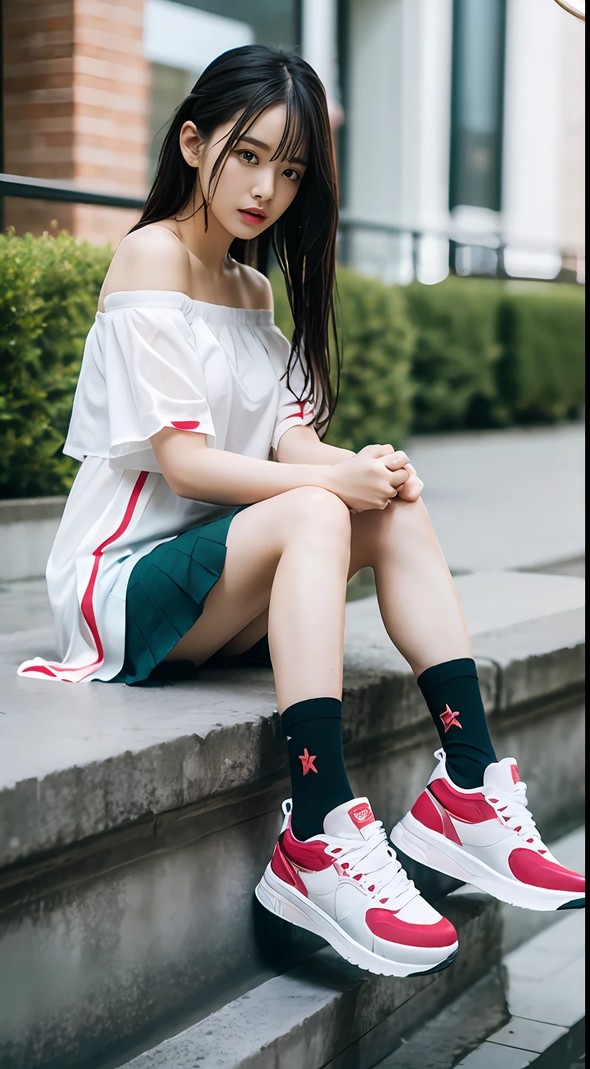 ((Best picture quality, 8K, tmasterpiece:1.3)), 1girll, Casual hairstyle, (off-shoulder blouse,Short pleated skirt:1.3),(wet see through clothes:1.4),Ultra-fine face, A detailed eye, 二重まぶた,(long leges:1.4),(athletic sneakers:1.3)Erlang legs,Sit sideways on a high platform