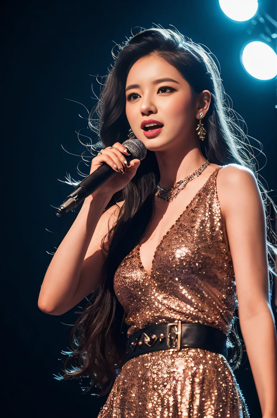 Idol female singer,Wear elaborate clothing,be on stage,Sing with a microphone,exquisite detailing,tmasterpiece,cinematric light