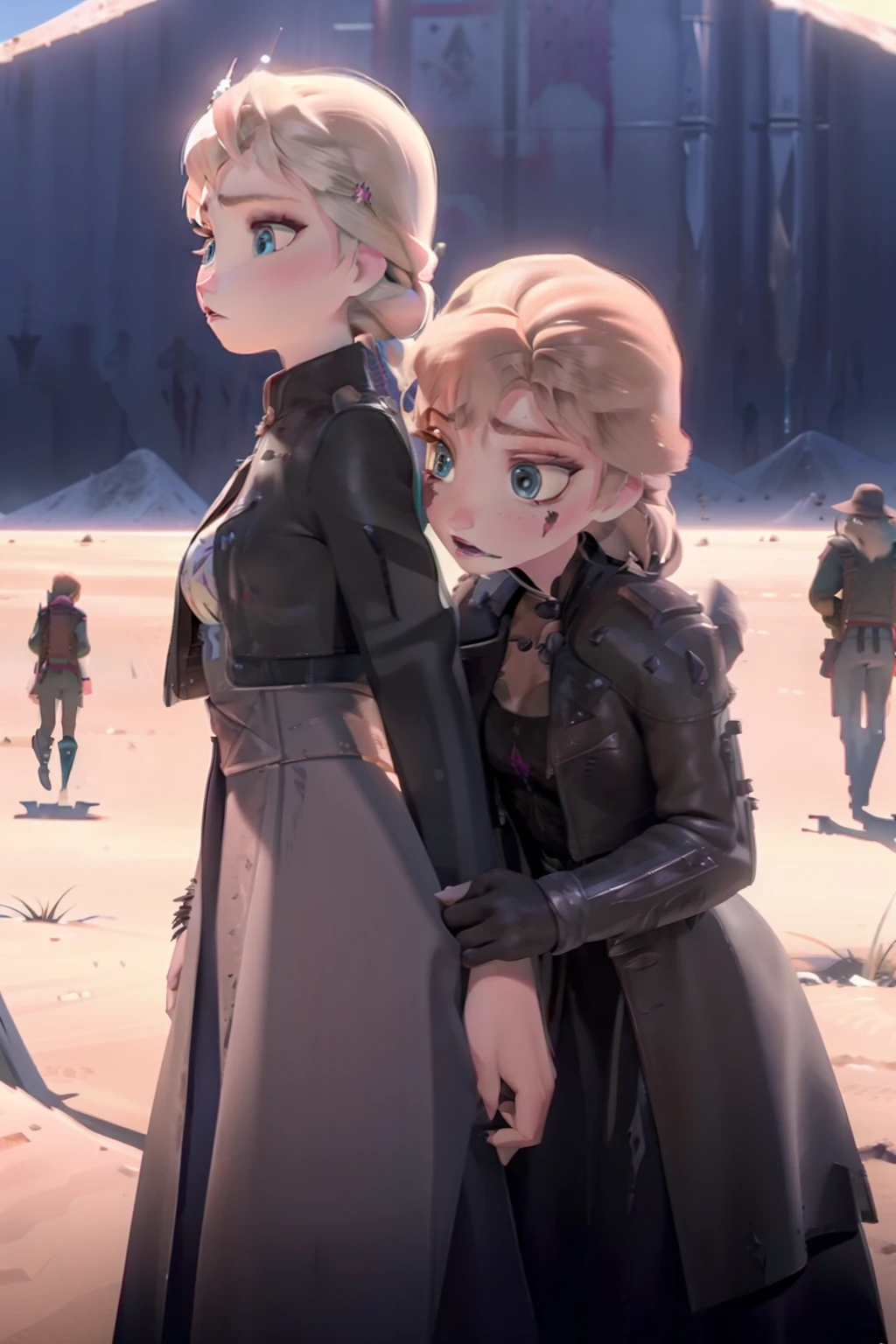 Elsa and Anna post apocalyptic scars, beaten up, bruised, post apocalyptic, gothy, post apocalyptic, two women, Elsa standing next to Anna, sisters, desert, mad max, scarred, Post apocalyptic desert wasteland, Mad max, ear piercing, nose ring, gothy, torn clothes, Long jacket, scarrred, scarred, scarred, bruised, beat up, scarred, leather jackets, bruised, leather jackets