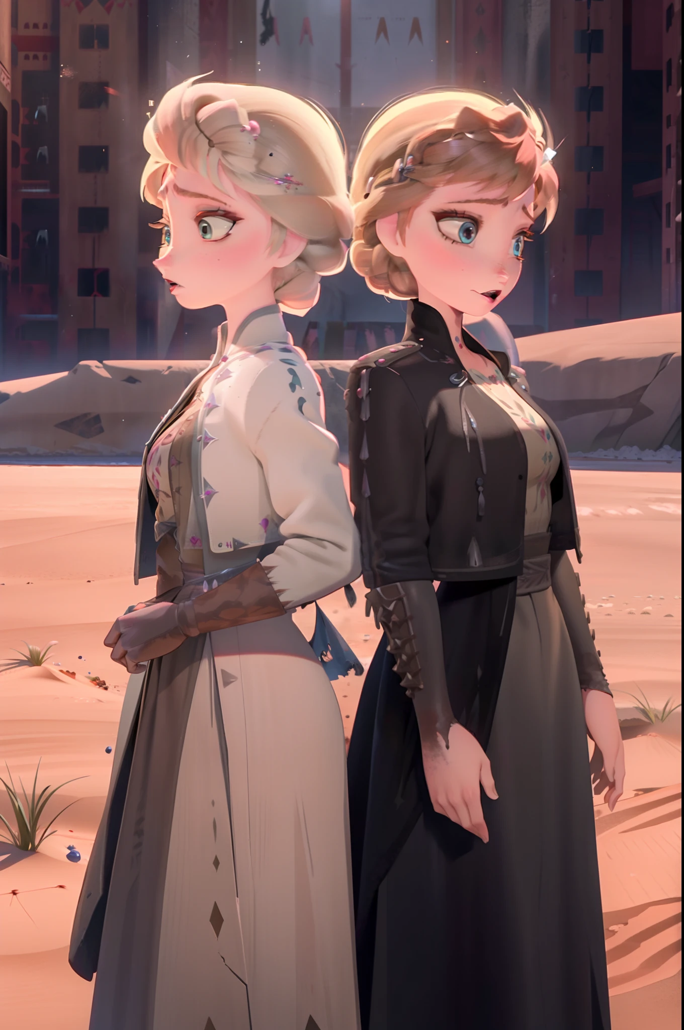 Elsa and Anna, post apocalyptic, two women, Elsa standing next to Anna, sisters, desert, mad max, scarred, Post apocalyptic desert wasteland, Mad max, ear piercing, nose ring, gothy, torn clothes, Long jacket, scarrred, scarred, scarred, bruised, beat up, scarred