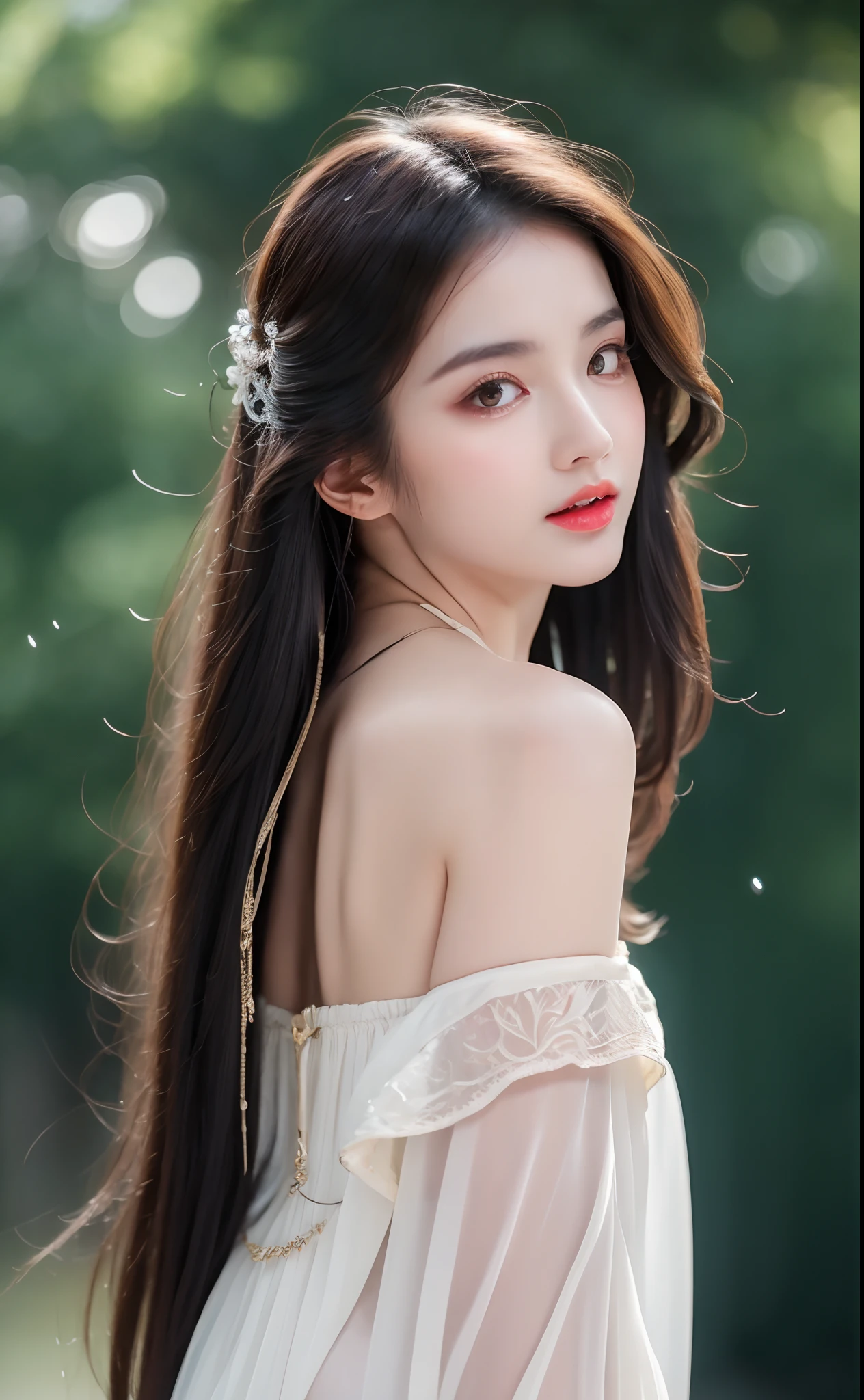 ((Best Quality, 8k, Masterpiece: 1.3)), Focus: 1.2, Perfect Body Beauty: 1.4, Buttocks: 1.2, ((Layered Haircut)), (Wet Clothes: 1.1), (Rain, Street:1.3), (Breasts: 1.2), (Hanfu: 1.2), Bare Shoulders, Bare Legs, Highly Detailed Face and Skin Texture, Fine Eyes, Double Eyelids, Whitened Skin, Long Hair, (Shut Up: 1.5), (Bokeh Background: 1.5), Big Breasts