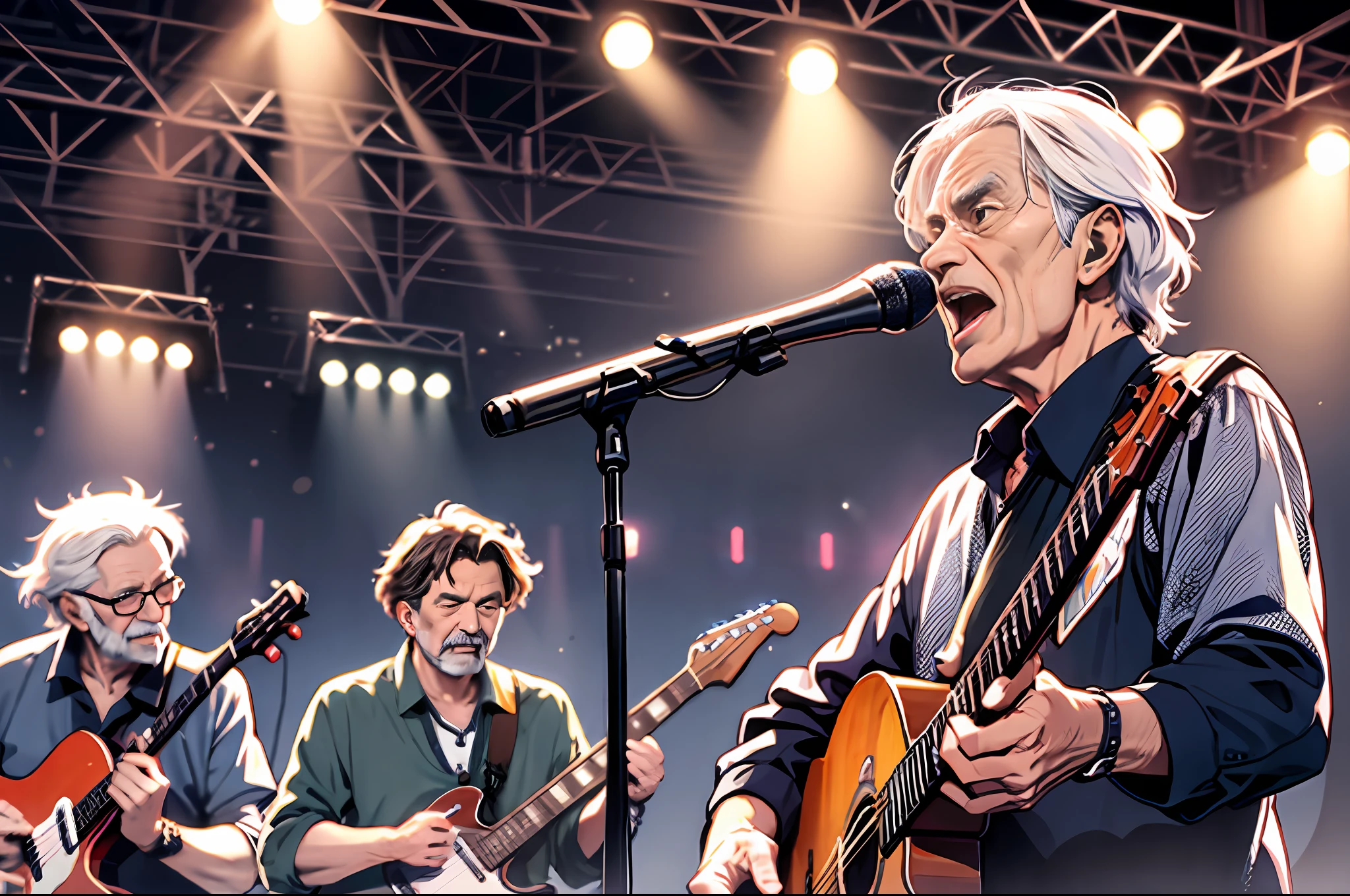 tmasterpiece, best qualtiy, realisticlying, ultra - detailed, Several old people，Elder Band，Inside the concert,The old male singer sings by the microphone，idoly，band，guitar