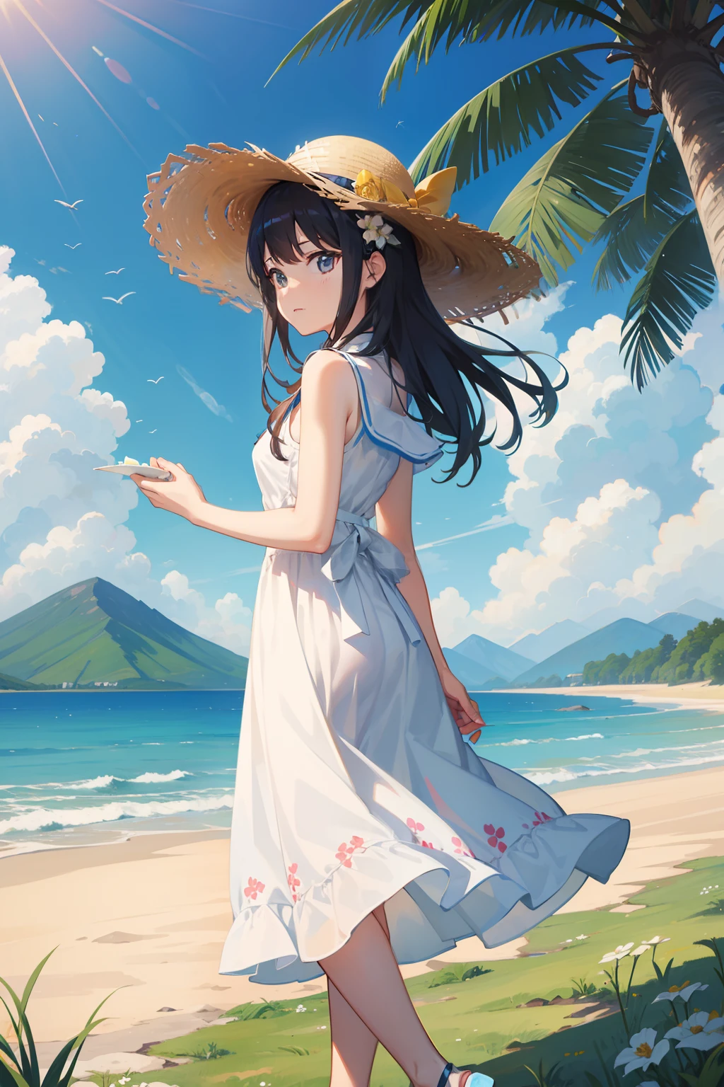 top-quality、masutepiece、Steppe with mountains and sea in the distance、Wearing a straw hat1People Girls、Looking Up、Hold your hand over it、White floral dress、sandal、Clear face