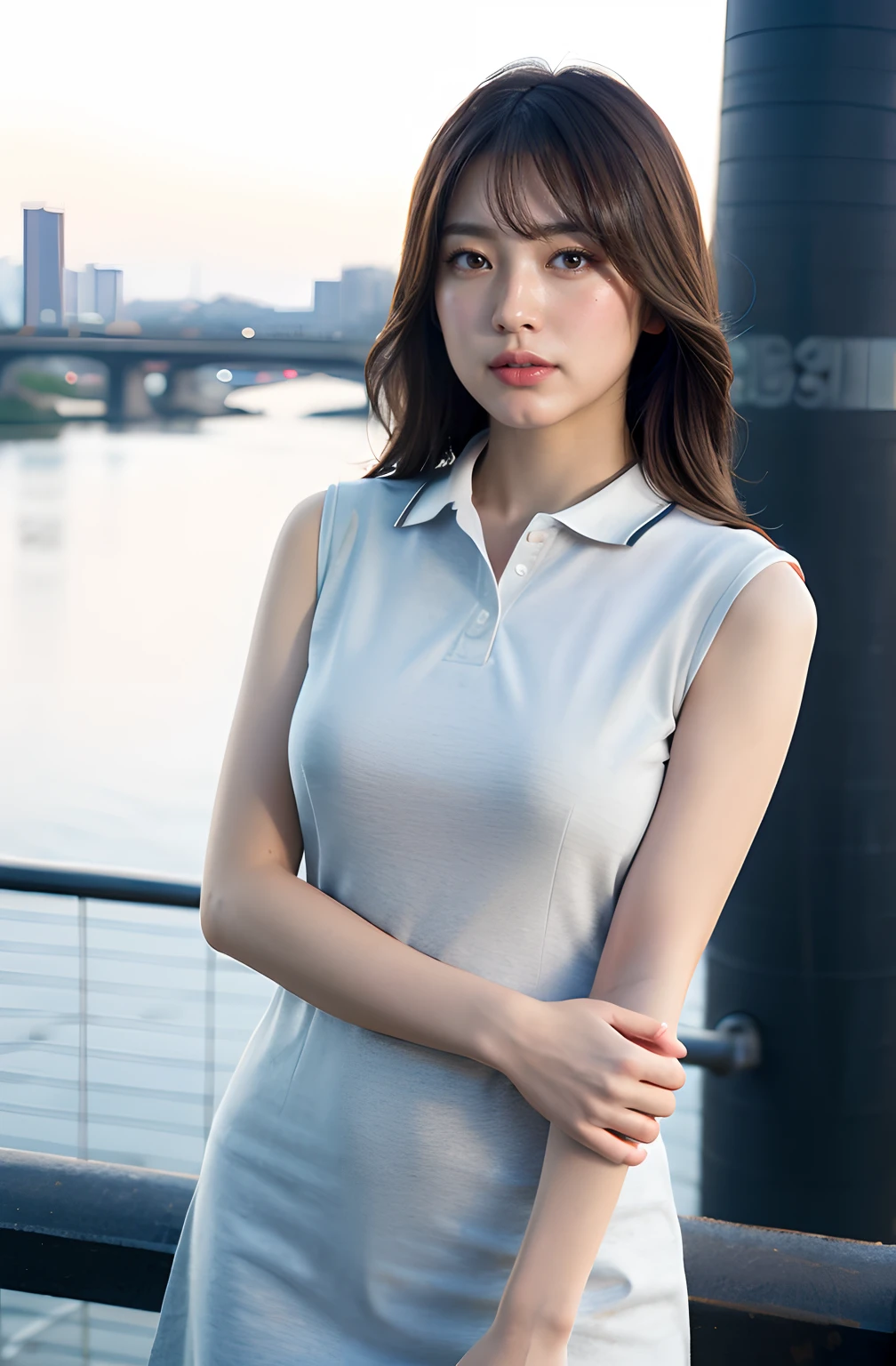 (8k,Ultra-high resolution,Highest quality,masterpiece,Realistic,Ultra-high resolution,High-quality RAW color photos,Professional photos,Realistic,Realistic),Natural skin texture,Fine skin,Hyperrealism,Intricate details,Adult women,Eye highlights.Lip gloss,Shiny skin,Glossy Lips,(Cute smile,Semi-long hair,Blonde,Dark blonde hair,bangs),(gigantic breast,Big Breasts,on side),(((White Sleeveless Dress Shirt,Sleeveless collared dress shirt),black leather shorts,Quite a large slit,Knee-high boots,face focus,See-through nipples)),Walking through the city among towering skyscrapers,open legs