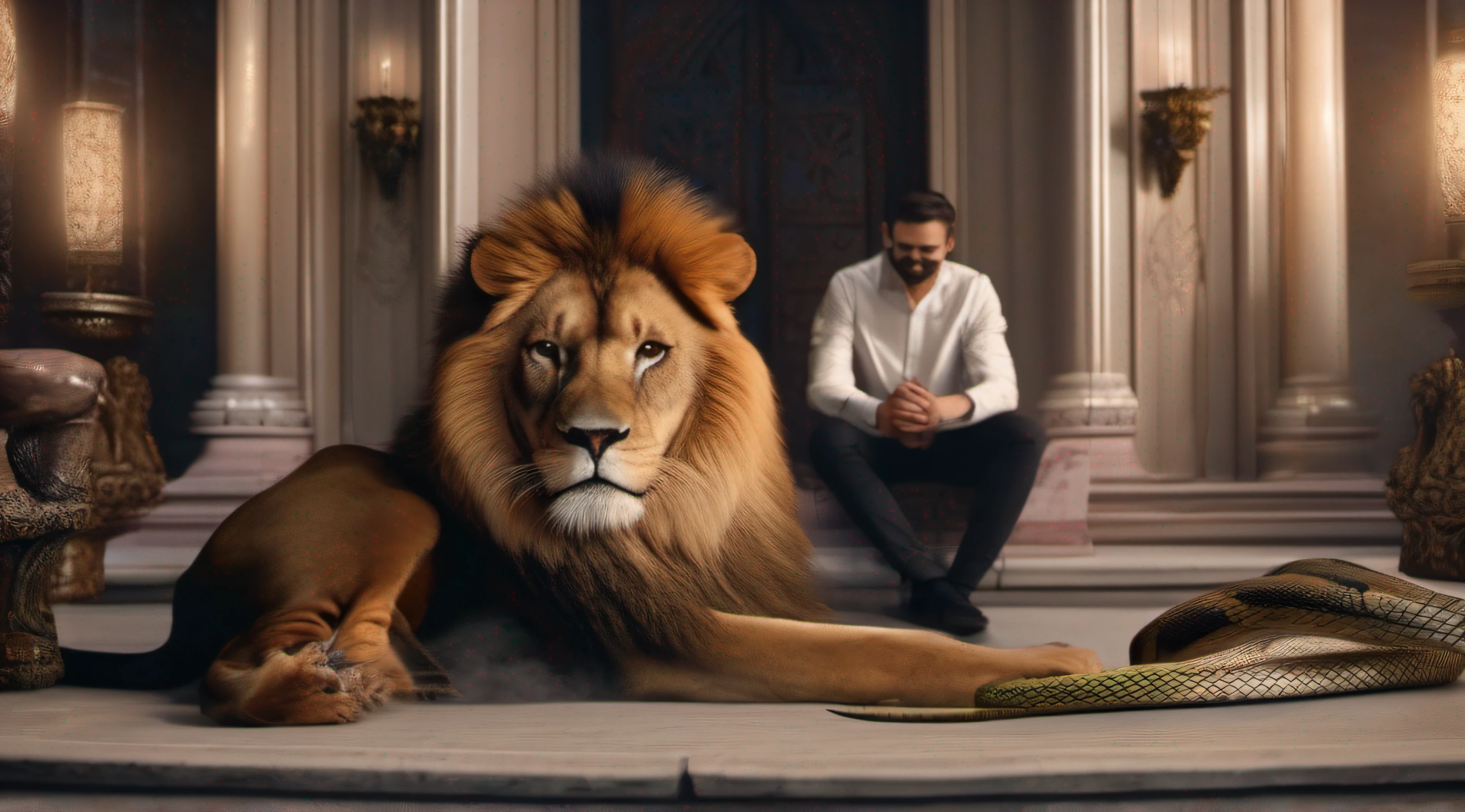 homem sentado no trono, with a lion and a snake beside him, cada animal de um lado, cena cinematografica, ultra realista, 16 k