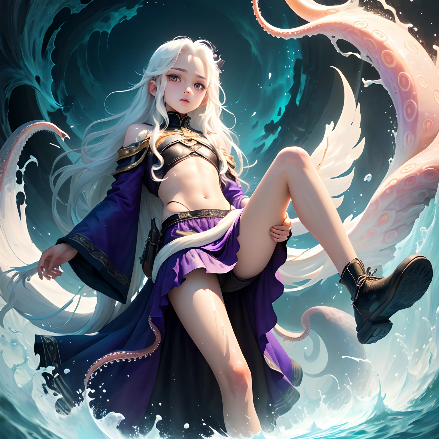 Boy paper，Shota，Long white hair，Purple pupils，angelicales，Devil falls，Long skirt that is badly damaged，tentaculata，The tentacles reach into the boy's lower body，The tentacles parted the boy's legs，Split legs，The tentacles entered the boy's body from below，Exudes a large amount of white liquid，