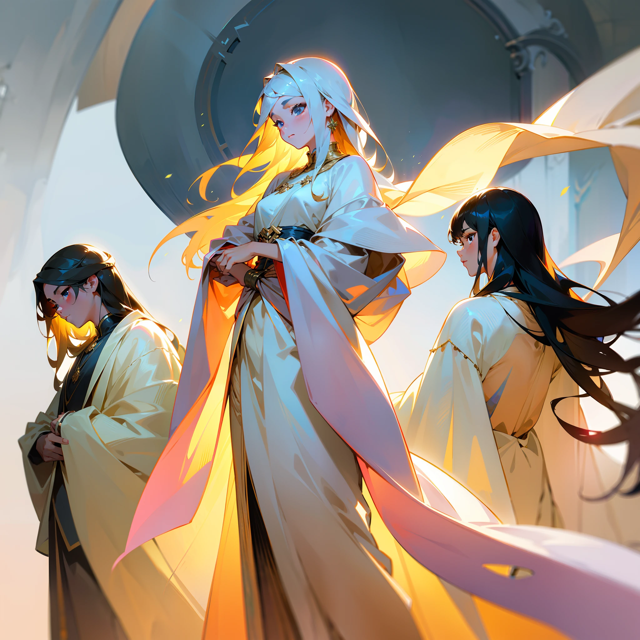 Boys gradually transform into beautiful girls,Meticulous painting style,Realistic and delicate skin tone expression,Soft light and shadow effects,Delicate line depiction,Natural and elegant expression,Long hair shawl,The facial features are delicate and three-dimensional,Gorgeous and exquisite costumes,graceful stance,The background is warm and harmonious,A gentle breeze blows,Show the charm of a beautiful girl。