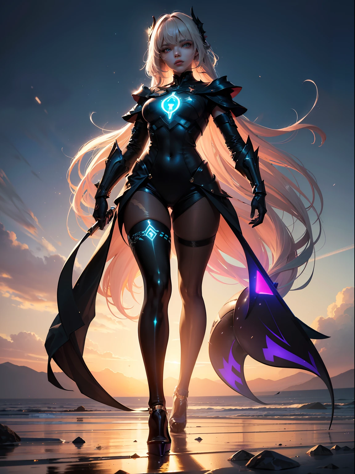 (full body:1.5),(1girl:1.3),(looking at viewer:1.4),(anatomy correct:1.3),(Wearing Printed Fantasy black skinned warrior suit and pointed high heels ,and Very thick Printed Lolita Pantyhose :1.35), (Light particle effect:1.3),(In pink | amarelo | blue colors| green color |red colors | white colors| black in color| purpleish color| greys| Beige| Flesh color 1.4),(Glowing eyes:1.3),(Large amplitude action: 1.3),(Accurate and perfect face:1.4),(Clothing Gloss:1.25),(Skin reflection:1.25),hyper HD, Ray traching, reflective light,structurally correct, Award-Awarded, high detal, lightand shade contrast, Face lighting,cinmatic lighting, tmasterpiece, super detailing, high high quality, high detal, best qualityer, 16k,high contrast,