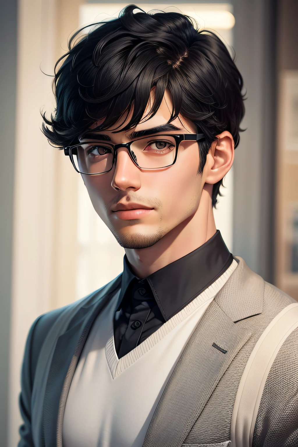 Handsome,wears glasses,Black hair short hair,boy,head portrait,background whites