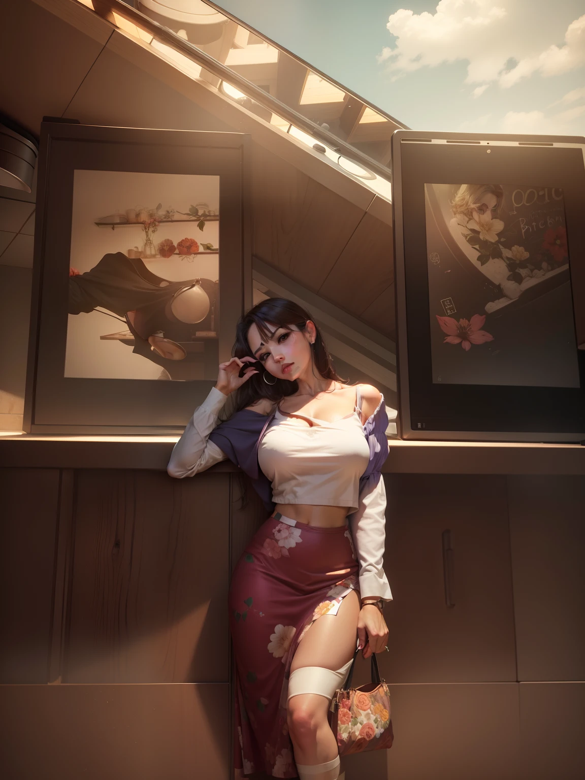 Sexy, medium boob, at the kitchen, 8K resolution, full bodyesbian, A MILF, off-the-shoulder shirts, Floral skirt, Seductive expression,