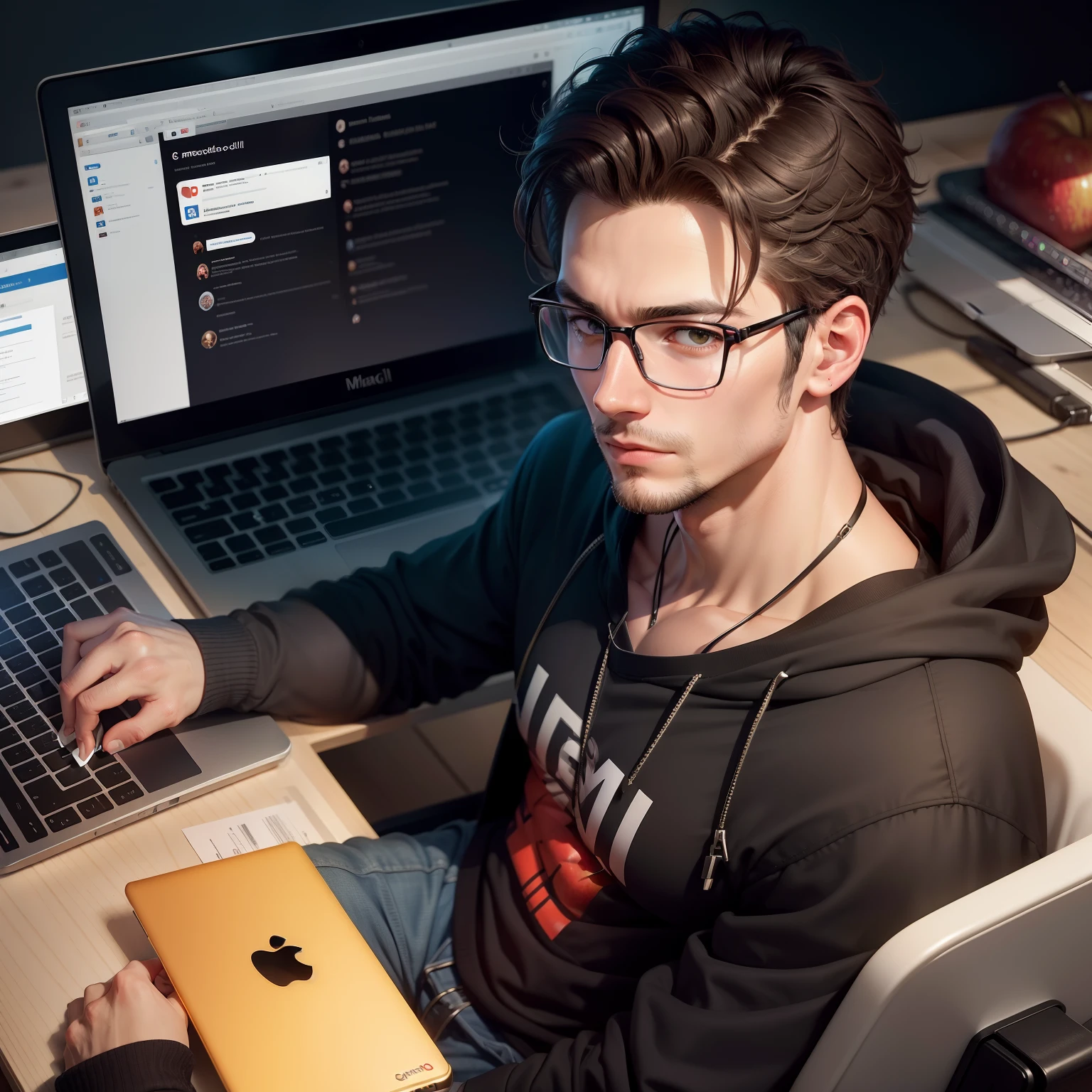 Create a image of a guy for my gmail id where he looks smart and a technology geek guy with hacking skills and a apple laptop