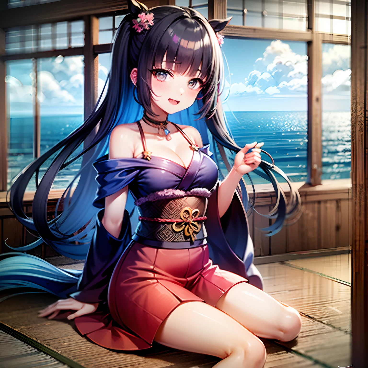 Super cute cute girl，Beautiful 2D characters，starrysky+the ocean+Colorful colorful:1.3]，Gorgeous kimono，[Japanese manga style+Gangnam:1.1]，There is a window，solo person，dual horsetail，blue hairs