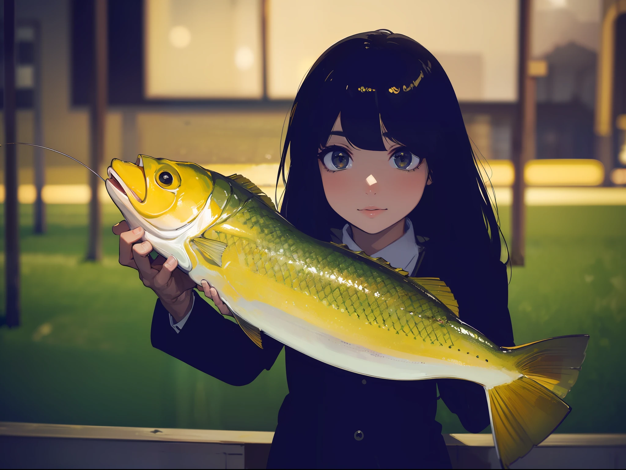 ((((Catch big fish by the lakeside)))),((Best Quality, masterpiece :1.3)),((( Large Mouth Bass))),hight resolution,ultra-detailliert,Beauty and aesthetics,​masterpiece,best qualtiy,(1 Japanese 22 years old woman),Black hair, long eyeslashes, Solid Circle Eyes, deadpan, drop shadow, Atmospheric perspective,Super Detail, ccurate, small brest,(Black jacket :1.1),top-quality, absurderes:1.2, blurry backround, bokeh dof:1.2, a picture, (​masterpiece:1.3), (intricate detailes:1.2), Atmospheric perspective,Super Detail, ccurate,