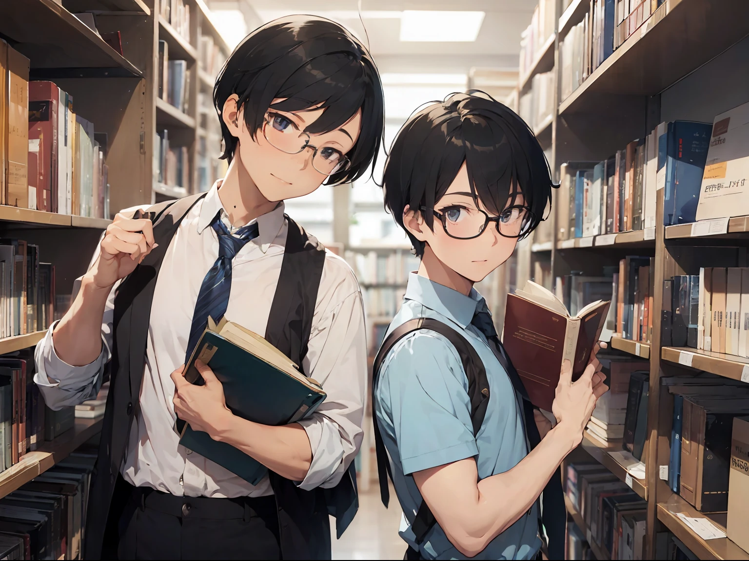 ((2male)),gay male,yaoi style, chemist man, glasses, books,opened mouth,scenery, these two individuals in a library holding books and pamphlets, pointing at one another, book, holding book, holding, glasses, 2boys, necktie, multiple boys, bookshelf, library, male focus, shirt, vest, black pants, black hair, short hair, pants