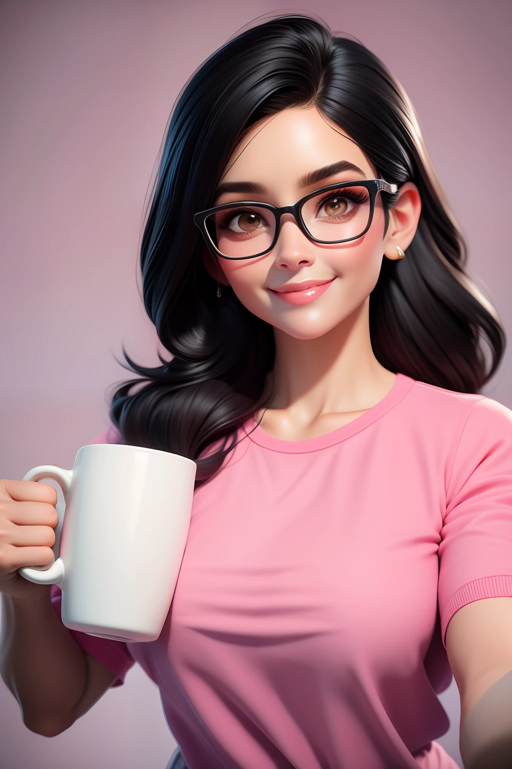 obra-prima, melhor qualidade, trabalho de rending 3d, Estilo 3dMM, Close-up, retrato, ..3d, mulher 43 anos, Pele morena, olhos pretos, black eyeglasses, medium black hair, sorrindo, aparelho nos dentes, peso corporal 90 kg com excesso de peso, veste blusa pink escuro, blusa sem mangas, Pink blouse up to the shoulders, holding a white mug of coffee, ao lado de uma mesa de estudos, na mesa uma agenda aberta, canetas, pencils. Cores Candy color, fundo da imagem home office.