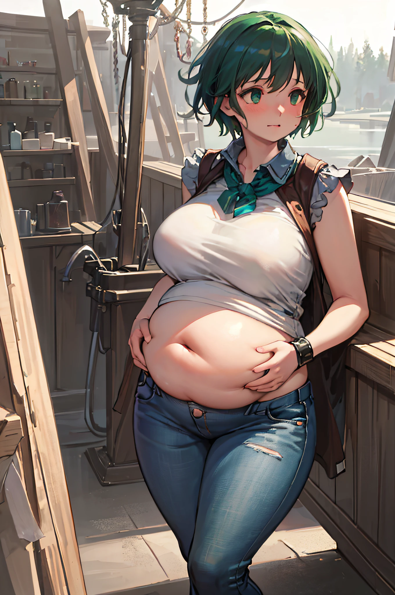 Resolution, imagination, (Photorealistic), (1Girl:1.4), (HDR:1.5), intriciate detail, 1 belly button, Mesugaki face, (Fat belly fat:1.5), (Bigger belly fat:1.3), Medium Tits, (Green Eyes:1.3), (Green short hair:1.5), sleeveless, Crop Tea , wristband, Tight-fitting jeans, Pregnancy belly fat, she has a jiggly fat round belly, Her belly is fat and round, Fat woman, pregnant, plein air, Water, I'm jumping, Splash splashes, art by kipteitei