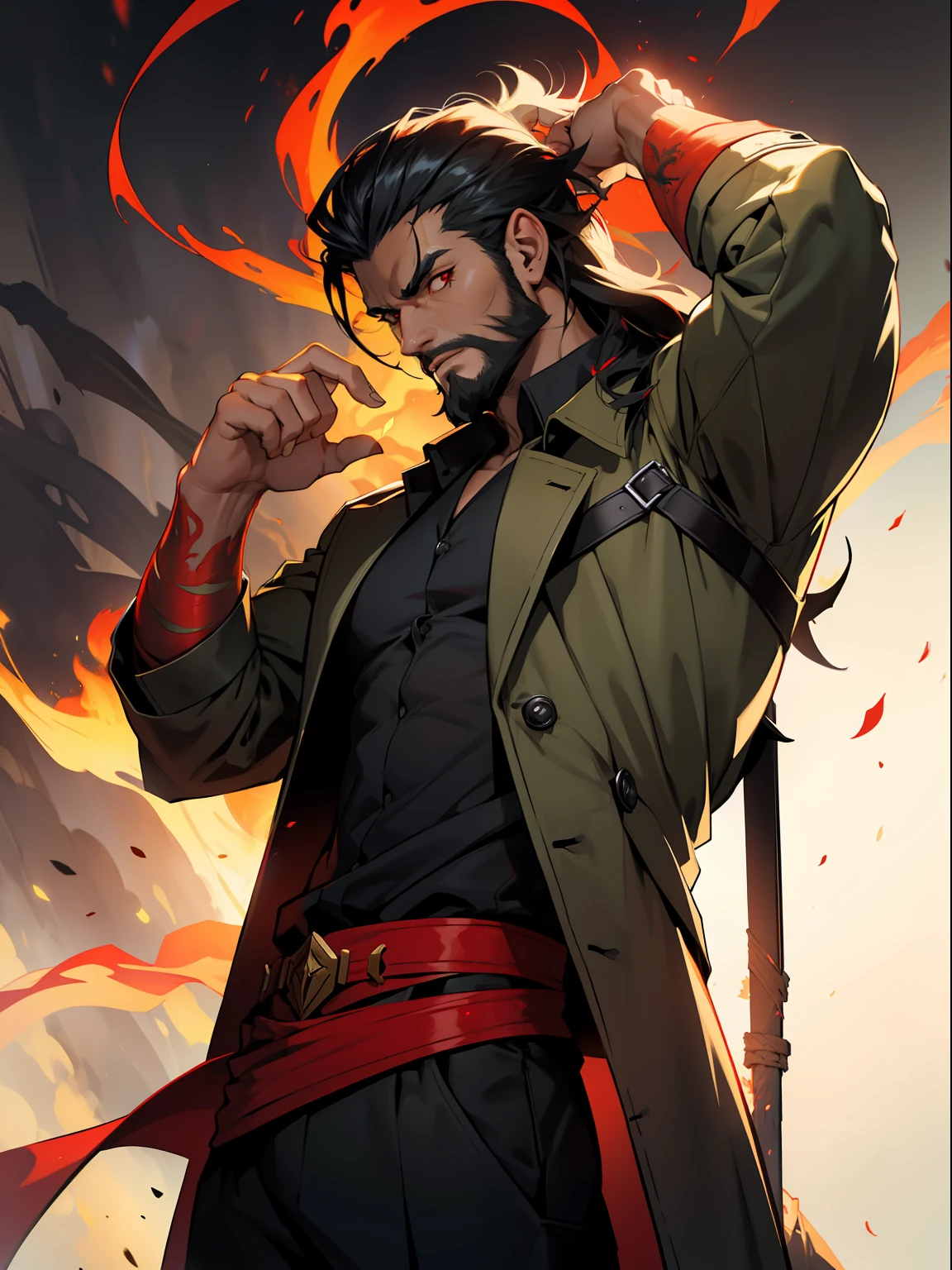 1 man, old man, upper body shot, a man casting fire, eyes glowing red, black sclera, crimson eyes, white skin, short beard, muscular, hunk, curtain hairstyle, black hair, shoulder long hair, turn head pose, hades style, dragon warrior, mythical fire, red scales, claws, fantasy world, red dragon, best quality:1.2, masterpiece, high resolution:1.2, big light green trench coat, black shirt, cargo pants, high camera angle, contrast shadow, contrast lighting, flat style, game card pose