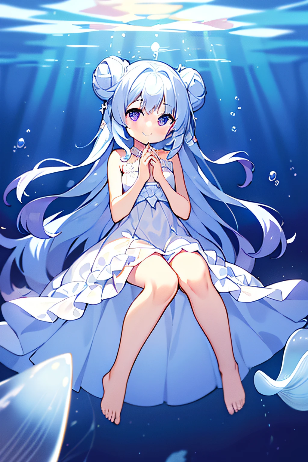 masterpiece, best quality, 1girl, solo, long hair, looking at viewer, sky blue hair, curly hair, double bun hair, (purple eyes), smile, laughing, dress, sitting on the rock, (((White dress))), (((no transparent dress))), bare foot, in the sea, in the water, under the sea, underwater, blue and white, bubbles, ((jellyfishes)), with one's hands together, bright, clear, elementary school student, 8k, super detail, masterpiece, high quality, high resolution, high detail, high face detail, HD quality, (((detail face))), close up