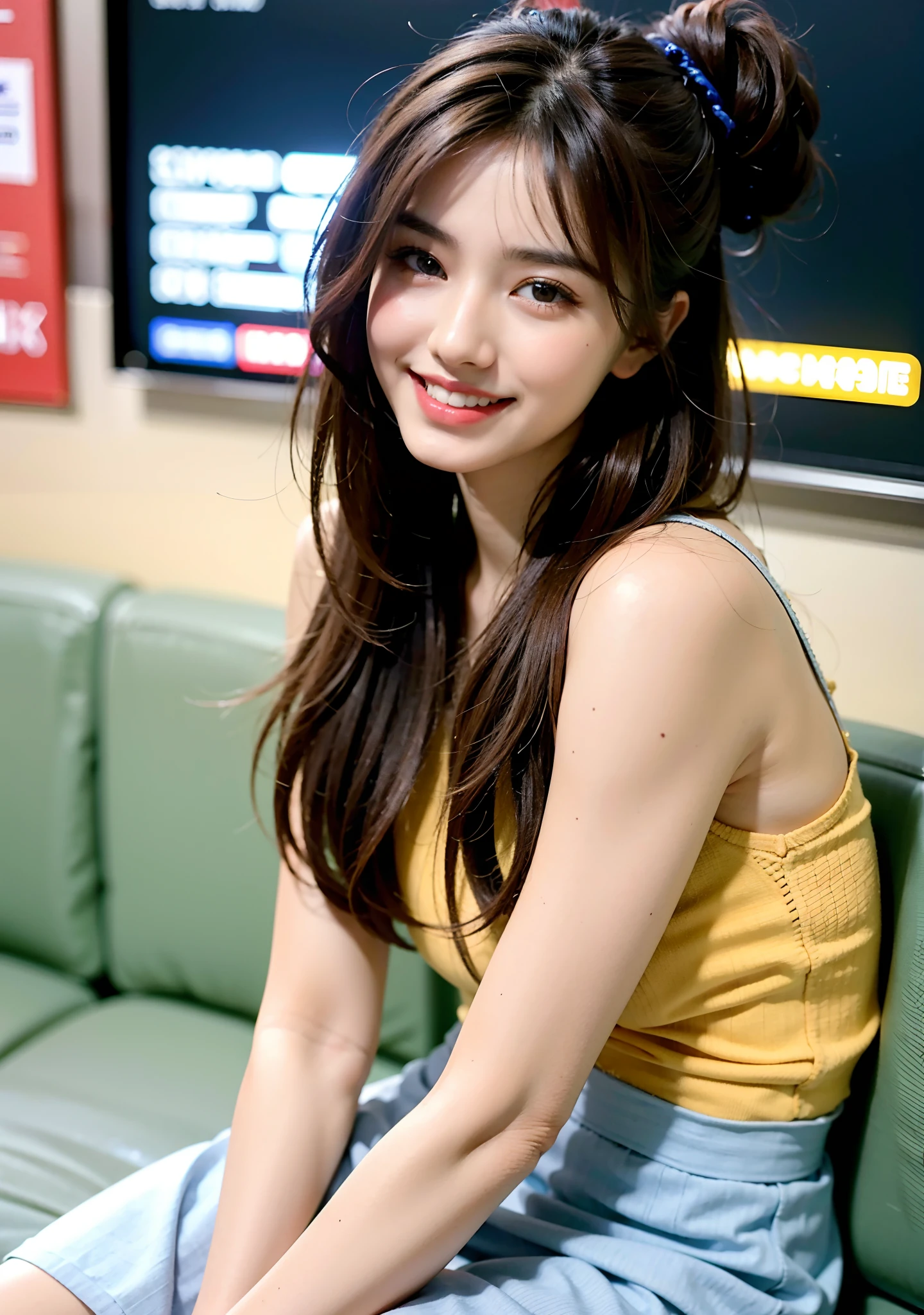 22 year old girl, wearing knee length skirt, light blue top, white skirt, brown hair, 3/4 body, portrait photo, deep of field, f/0.5, 200mm, girly, pretty, detailed skin description, realistic, 1 girl, natural pose, high bun hairstyle, inclined face angle, behind is the cinema, bare shoulder,