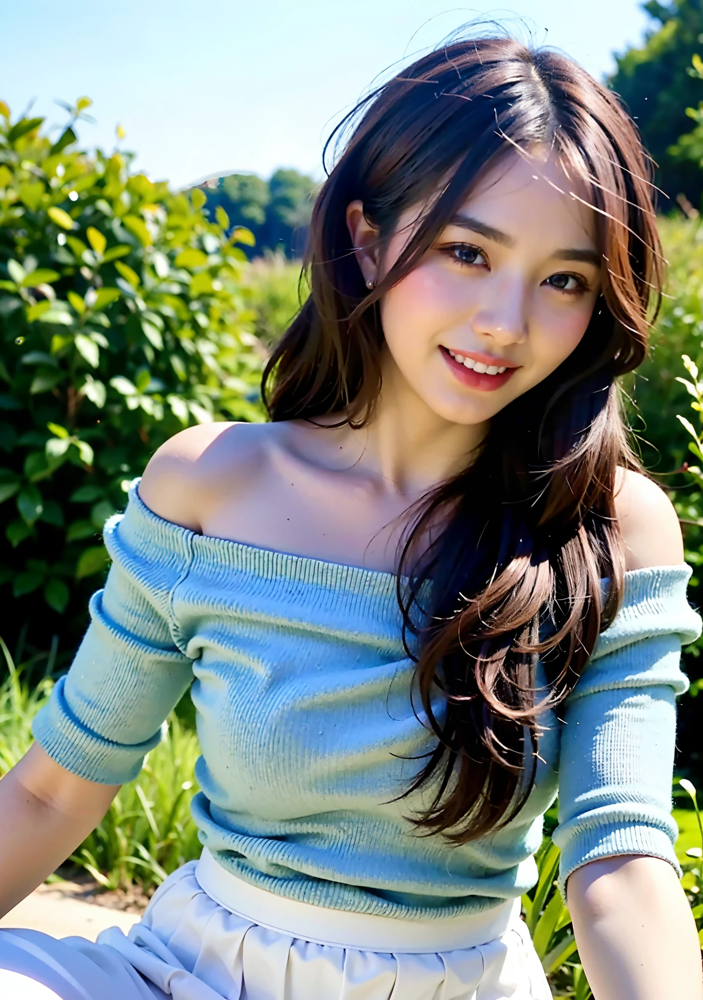 22 year old girl, wearing knee length skirt, light blue top, white skirt, brown hair, 3/4 body, portrait photo, deep of field, f/0.5, 200mm, girly, pretty, detailed skin description, realistic, 1 girl, natural pose, high bun hairstyle, inclined face angle, behind is the cinema, bare shoulder,