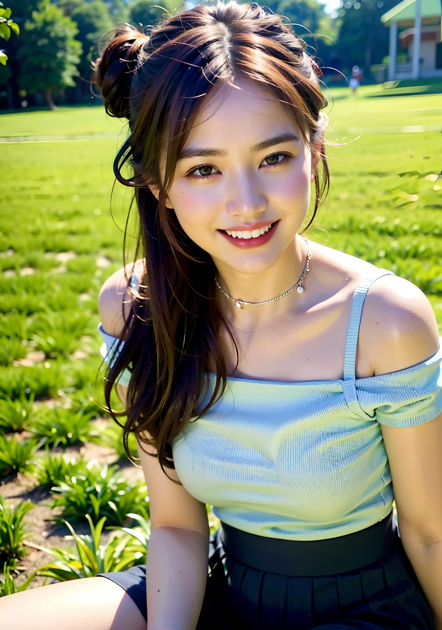 22 year old girl, wearing knee length skirt, light blue top, white skirt, brown hair, 3/4 body, portrait photo, deep of field, f/0.5, 200mm, girly, pretty, detailed skin description, realistic, 1 girl, natural pose, high bun hairstyle, inclined face angle, behind is the cinema, bare shoulder,