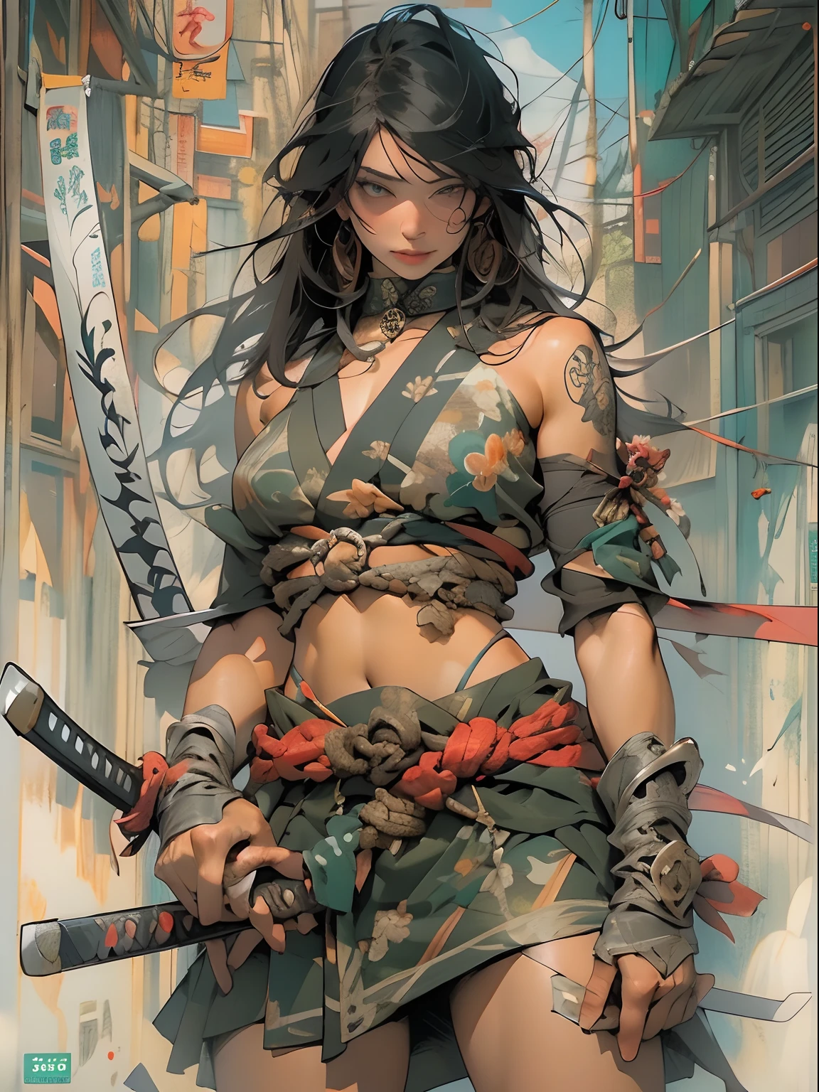 (kaisen jujutsu style), (line art:1.5), (1 woman:1.3), ((color)), Brazilian indigenous woman, brown skin, dramatic pose, (masterpiece, superior quality, best quality), extremely detailed background, good composition, good anatomy, perfect lighting, good shading, (realistic:1.3), --auto --s2