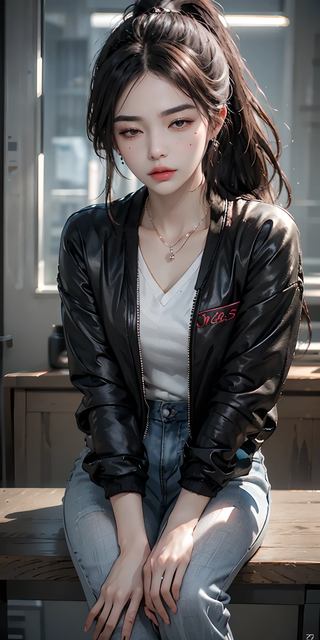 (realistic:1.4),luxray,shadow,looking at viewer, light rays,1girl, solo, colorful, (masterpiece, best quality:1.3), (absurdres:1.3), (photorealistic:1.3), (detailed skin:1.3, detailed face:1.3), sitting, (sharp_eyes:1.4),(frown:1.3), (angry:1.1), (iceky face:1.1), (disdain:1.5),(wolf_girl), sharp focus, delicate, (beautiful cool korean_girl:1.3), (ulzzang-6500:0.2),small mouth, (small_eyes:1.3),(thick eyebrows), (long eyebrows), (cool:1.5),(narrowed eyes), ( thick thighs:1.2, narrow :1.1),(long face:1.2),(mandibles),necklace,earrings,(eyes_makeup:1.2), watch, (mole under eye), (black_very_long_hair:1.3),(wavy hair),(wolf_ponytail:1.1),(long_eyes:1.2), (pink_gloss_eyeshadow:1.2), (scarlet_lips:1.4),makeup, (eyes in shadow), (half-closed eyes:1.3), (empty eyes),(black_open_jacket), black pants, indoors,(dark background),night,