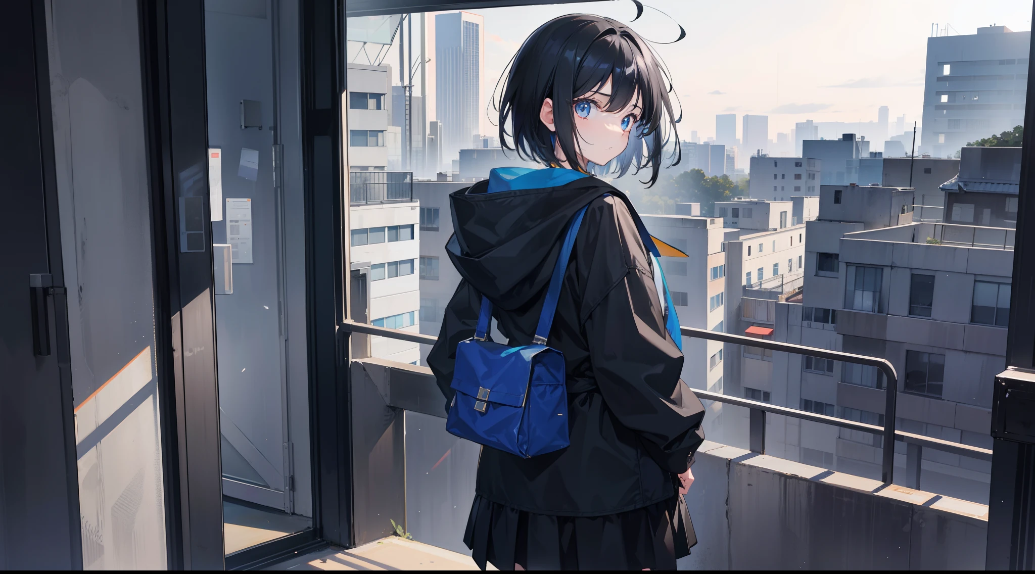 a 16yo girl，with short black hair，Good facial features，Blue hood，black short skirt，Pockets of both hands，Located on the 8th floor balcony，Looking at the view downstairs，Turn your back to the wall，sunraise，The wind blows，8K images