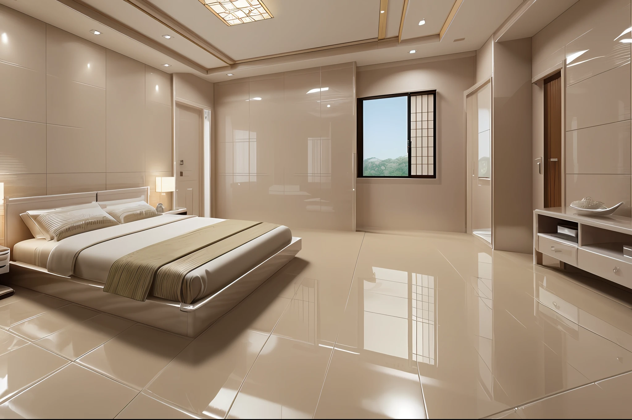 modern bedroom, Japanese style,((1 bed:1.3)), ((glossy ceramic tile floor:1.3))high quality photo, high quality photo, ((very detailed photo:1.5)), ( (very realistic photos, beautiful photos in every detail, excellent photos)), ((bedroom designed in Japanese style: 1.5)), 3d render style, luxurious hd photos, very realistic render , stunning photos, realistic photography