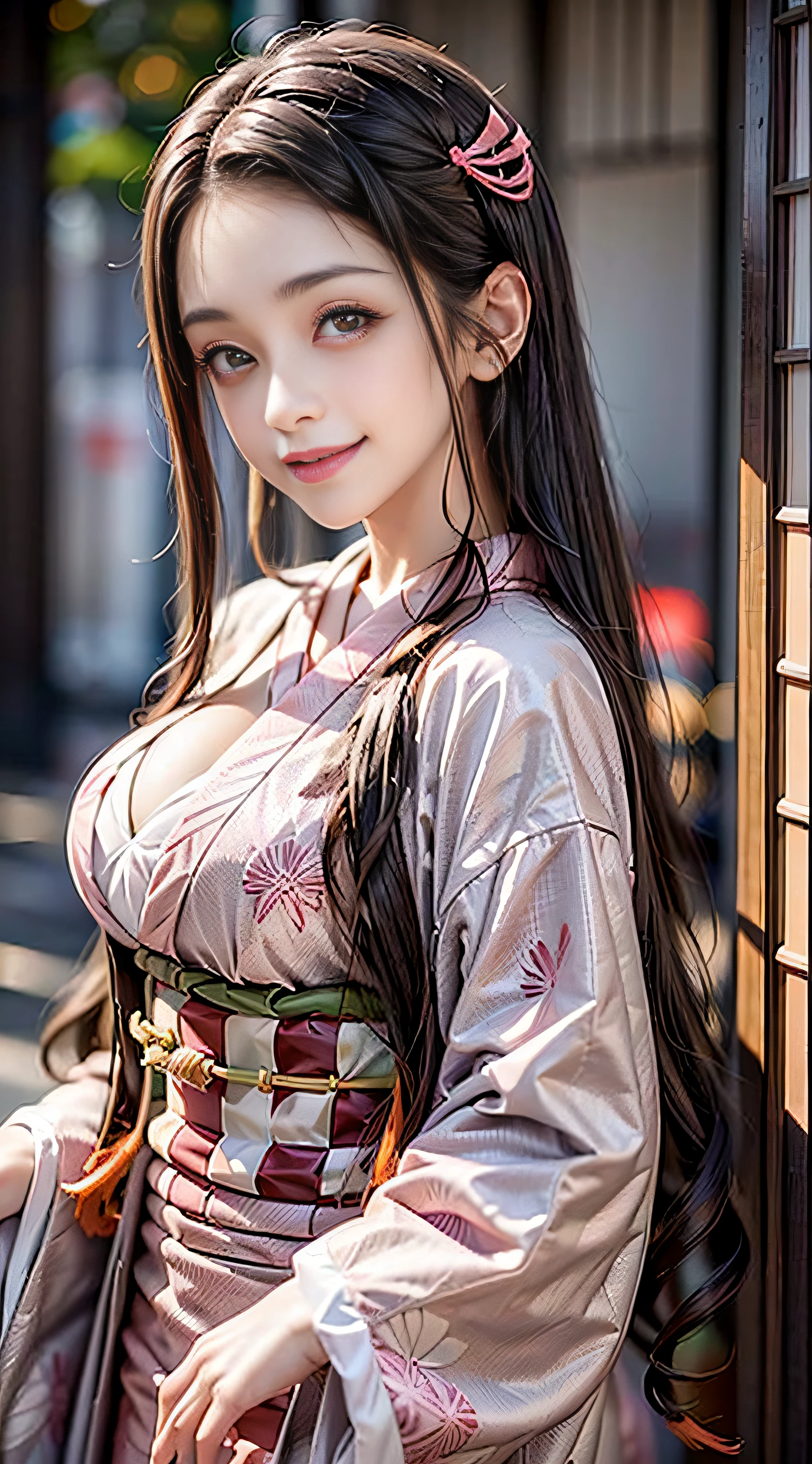 Wearing a kimono firmly、(masutepiece: 1.2), Best Quality, masutepiece, High resolution, Original, Highly detailed wallpapers, (super detailing), (Best Illustration), (better shadows), (Nezuko), Smile, blusher,  (perspiring), Under the breasts,