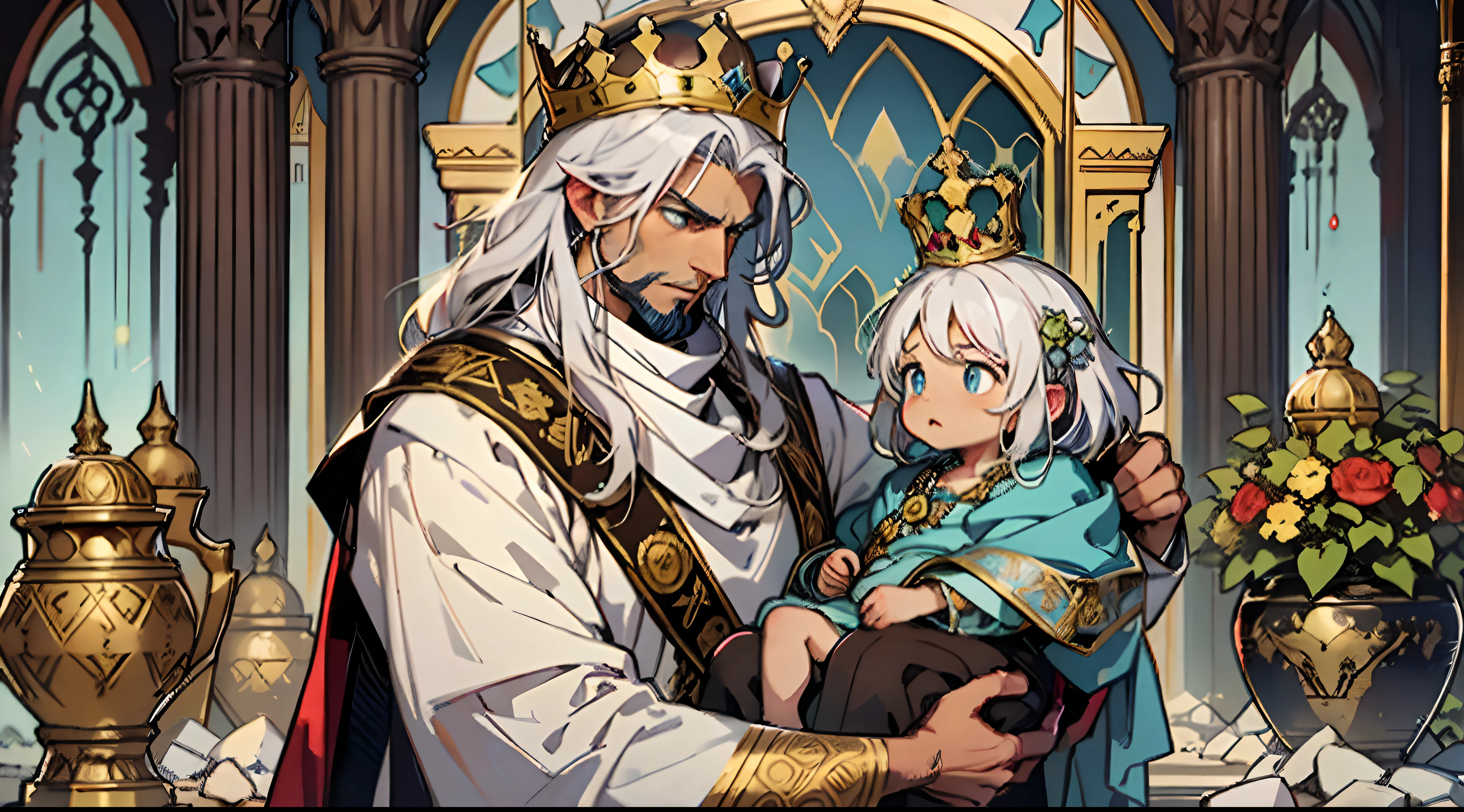 "Persian King with awe-struck expression looking at a newborn baby in a beautifully adorned basket, baby with ethereal white hair and mesmerizing blue eyes, king showcasing genuine surprise." King's hair is brown