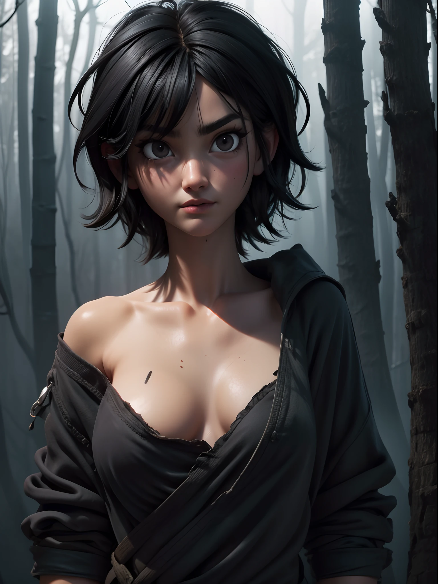 1girl, short black hair messy, black eyes, psycho look, gray haze around, peeking out upper body, dark forest, topless, 16k