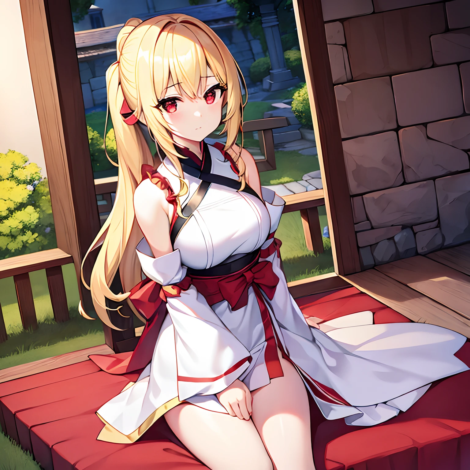 poneyTail、a blond、red eyes、Beautiful girl alone、独奏、animesque、ninjartist、Castles