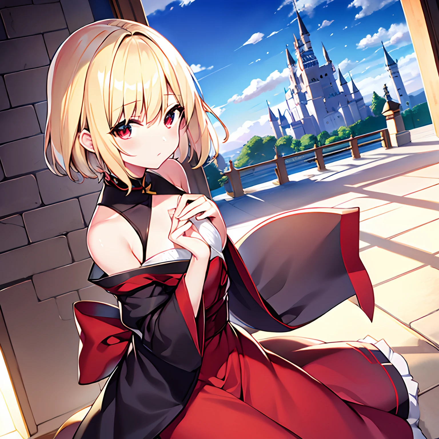 Shorthair、a blond、red eyes、Beautiful girl alone、独奏、animesque、ninjartist、Castles