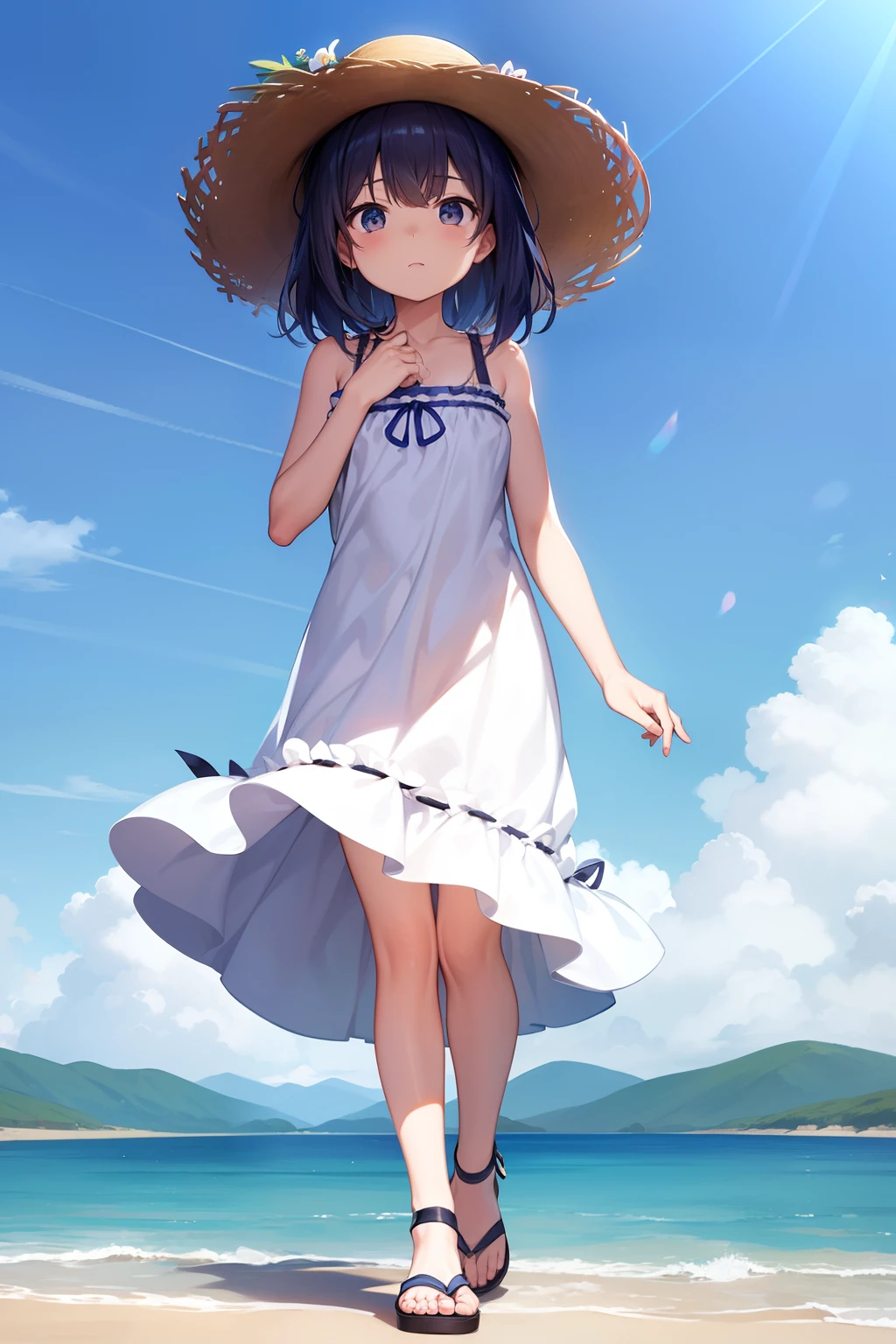 top-quality、masutepiece、Steppe with mountains and sea in the distance、Wearing a straw hat１People Girls、Looking Up、Hold your hand over it、White floral dress、sandal、Clear face、Normal toes、Normal hand fingers、Normal limbs、