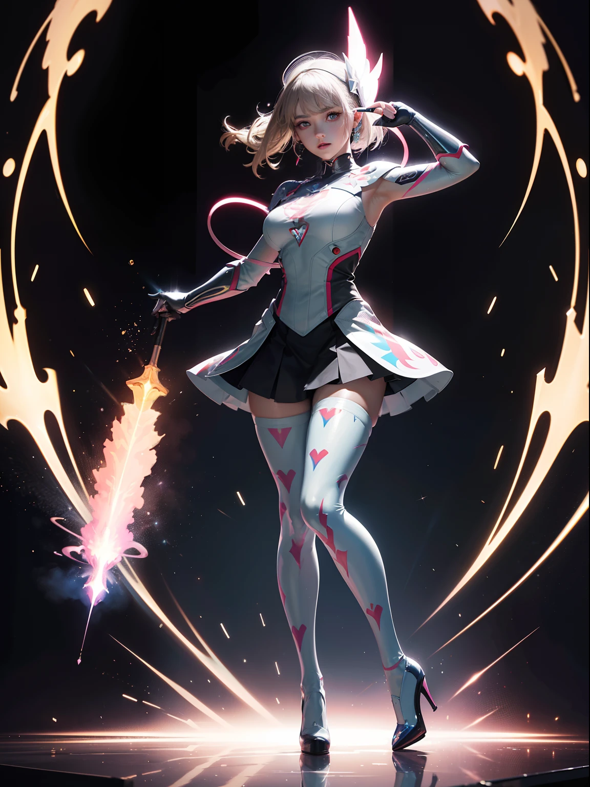 (full body:1.5)，(1girl:1.3),(looking at viewer:1.4)，(anatomy correct:1.3),(Wearing Printed Fantasy Ultraman suit and pointed high heels ，and Very thick Printed Lolita Pantyhose :1.35), (Light particle effect:1.3),(In pink | amarelo | blue colors| green color |red colors | white colors| black in color| purpleish color| greys| Beige| Flesh color 1.4)，(Glowing eyes:1.3),(Large amplitude action: 1.3)，(Accurate and perfect face:1.4),(Clothing Gloss:1.25),(Skin reflection:1.25),hyper HD, Ray traching, reflective light，structurally correct, Award-Awarded, high detal, lightand shade contrast, Face lighting，cinmatic lighting, tmasterpiece, super detailing, high high quality, high detal, best qualityer, 16k，high contrast,