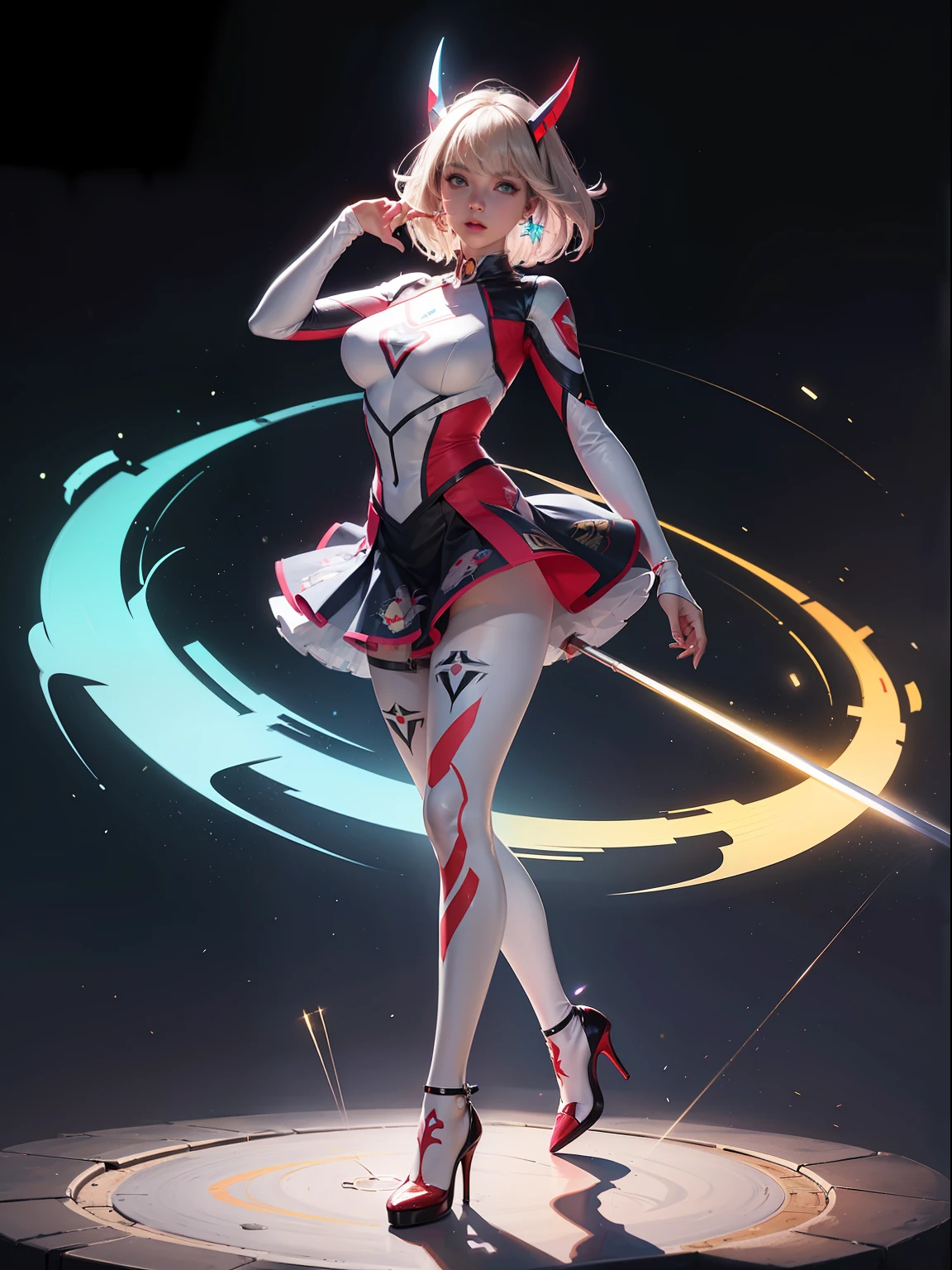 (full bodyesbian:1.5)，(1girll:1.3),(view the viewer:1.4)，(anatomy correct:1.45),(Wear printed fantasy Ultraman skinny point-toe heels ，and very thick printed pantyhose :1.35), (Light particle effect:1.3),(In pink | amarelo | blue colors| green color |red colour | white colors| black in color| purpleish color| greys| Beige| Flesh color 1.4)，(Glowing eyes:1.3),(Large amplitude action: 1.3)，(Accurate and perfect face:1.4),hyper HD, Ray traching, reflective light，structurally correct, Award-Awarded, high detal, lightand shade contrast, Face lighting，cinmatic lighting, tmasterpiece, super detailing, high high quality, high detal, best qualityer, 16k，High contrast,