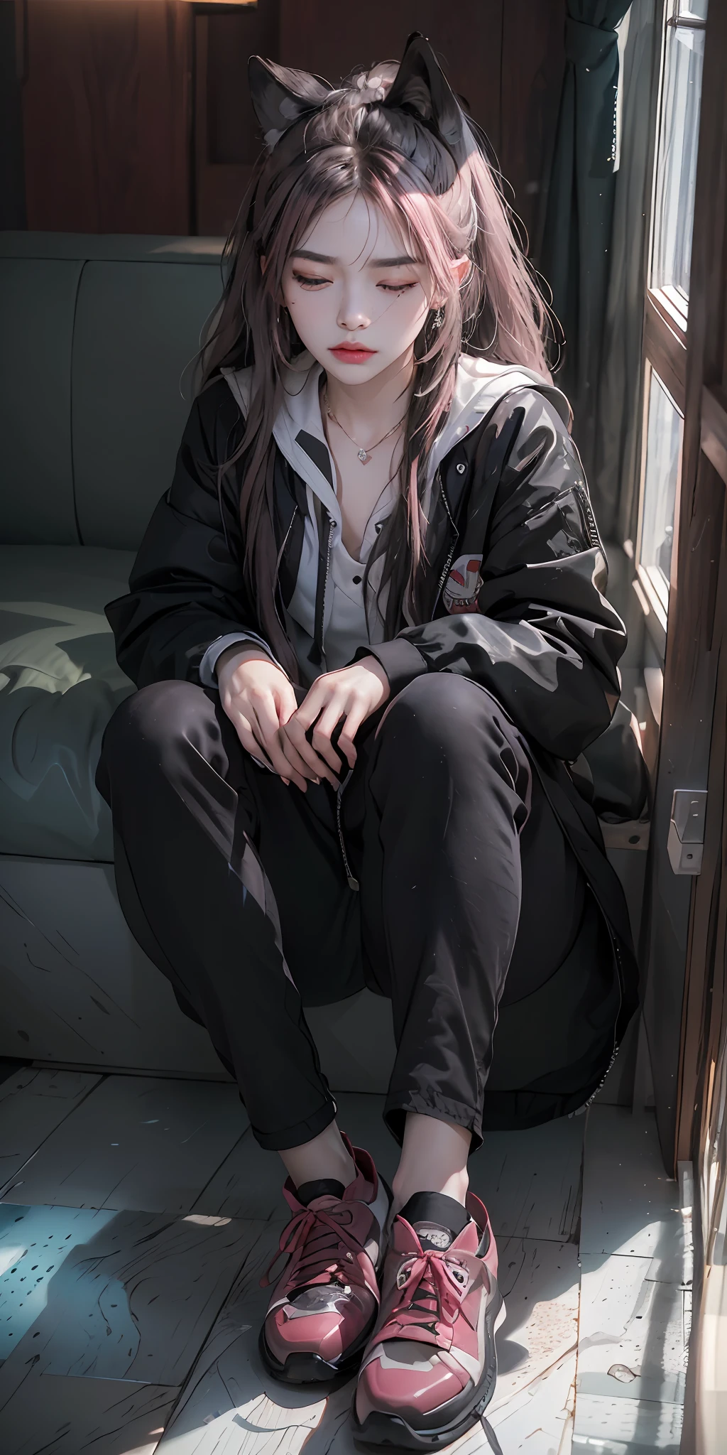 (realistic:1.4),luxray,shadow,looking at viewer, light rays,1girl, solo, colorful, (masterpiece, best quality:1.3), (absurdres:1.3), (photorealistic:1.3), (detailed skin:1.3, detailed face:1.3), sitting, (sharp_eyes:1.4),(frown:1.3), (angry:1.1), (iceky face:1.1), (disdain:1.5),(wolf_girl), sharp focus, delicate, (beautiful cool korean_girl:1.3), (ulzzang-6500:0.2),small mouth, (small_eyes:1.3),(thick eyebrows), (long eyebrows), (cool:1.5),(narrowed eyes), ( thick thighs:1.2, narrow :1.1),(long face:1.2),(mandibles),necklace,earrings,(eyes_makeup:1.2), watch, (mole under eye), (black_very_long_hair:1.3),(wavy hair),(wolf_ponytail:1.1),(long_eyes:1.2), (pink_gloss_eyeshadow:1.2), (scarlet_lips:1.4),makeup, (eyes in shadow), (half-closed eyes:1.3), (empty eyes),(black_open_jacket), black pants, indoors,(dark background),night,